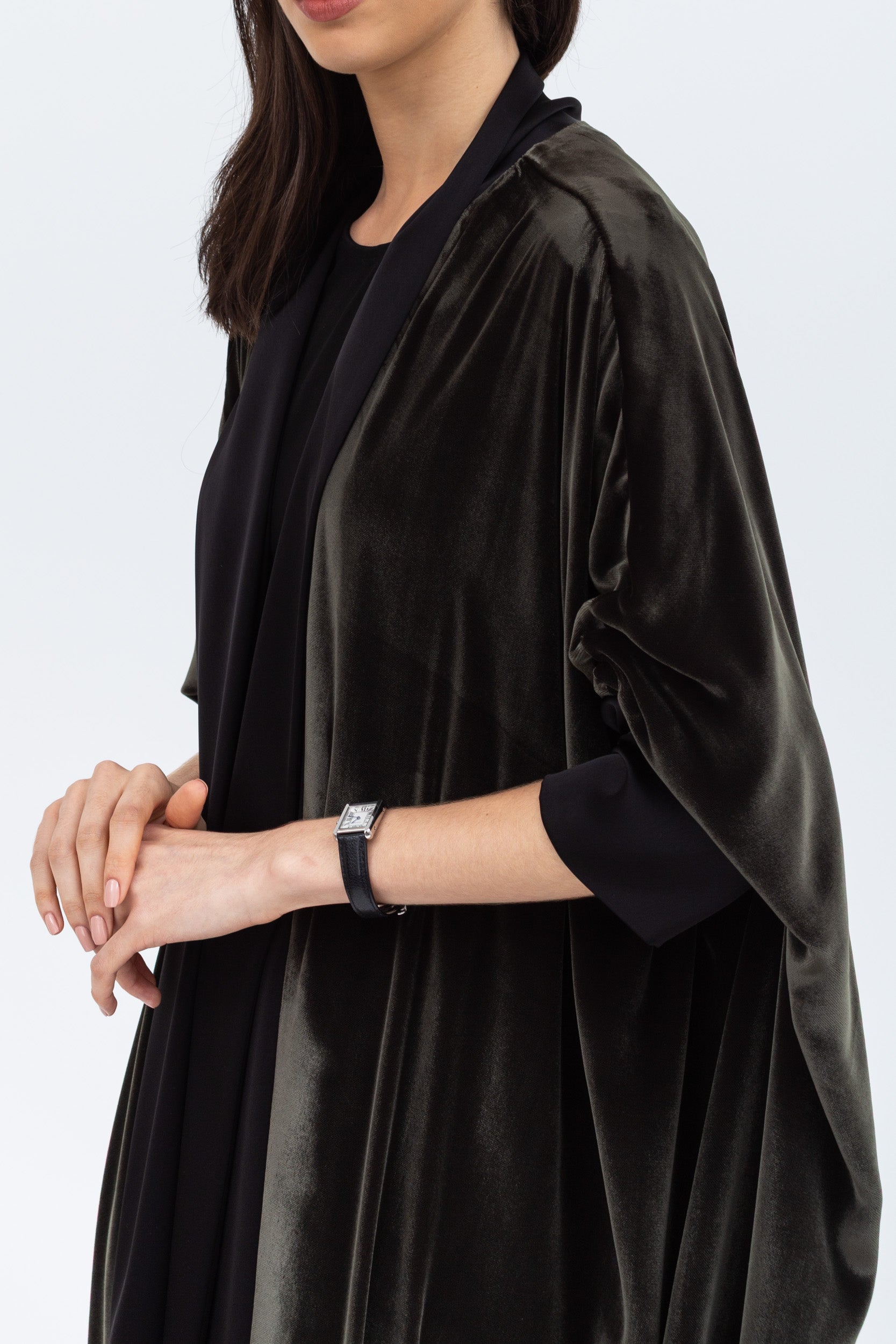 Green Velvet Abaya with Black Satin Trims