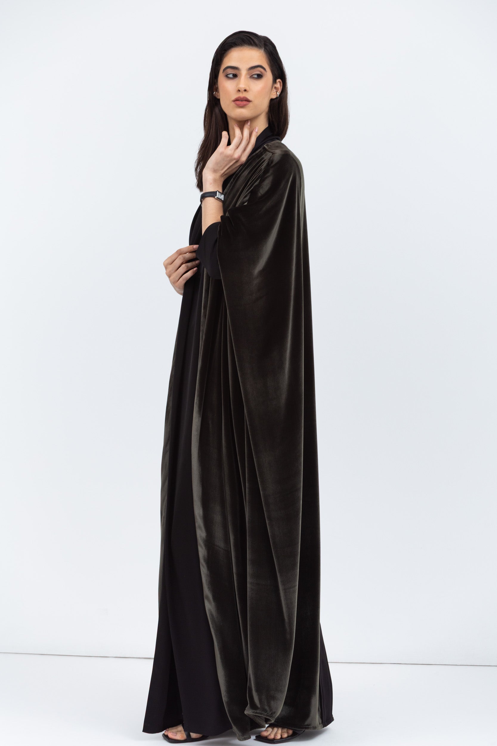 Green Velvet Abaya with Black Satin Trims