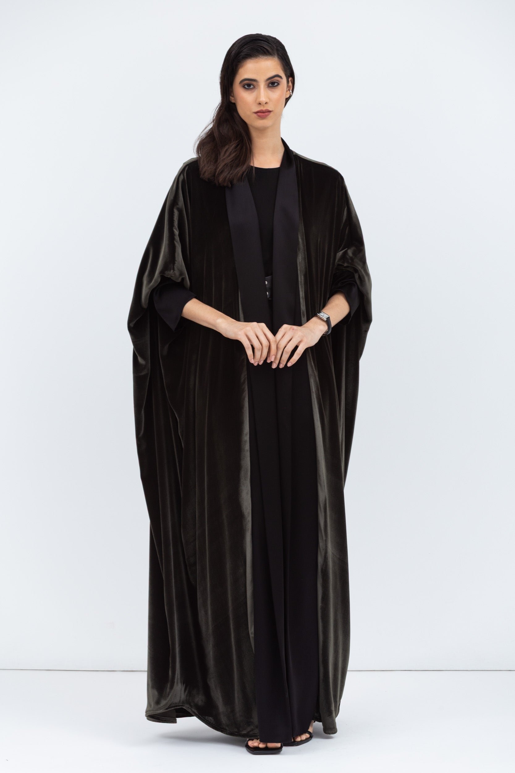 Green Velvet Abaya with Black Satin Trims