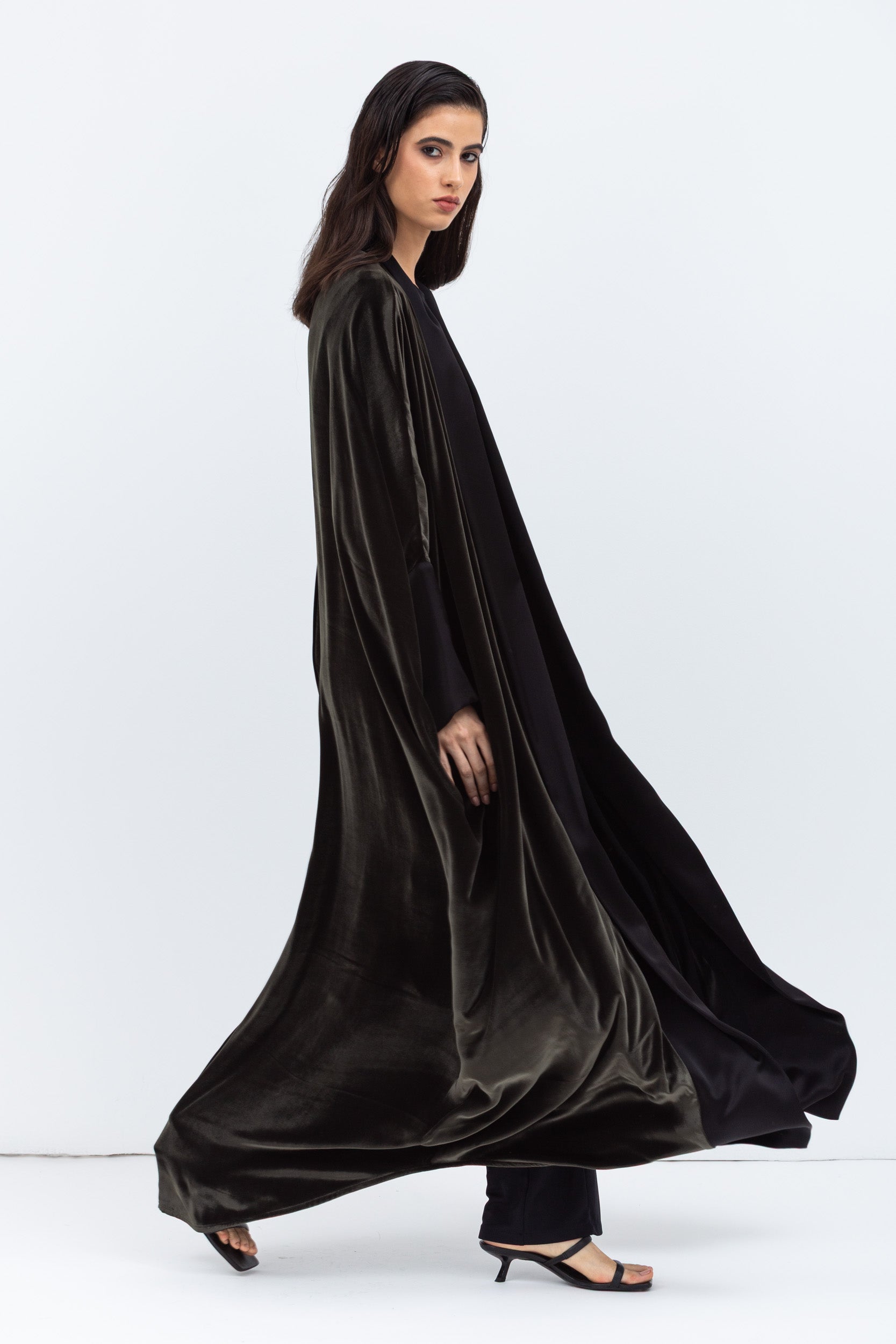 Green Velvet Abaya with Black Satin Trims
