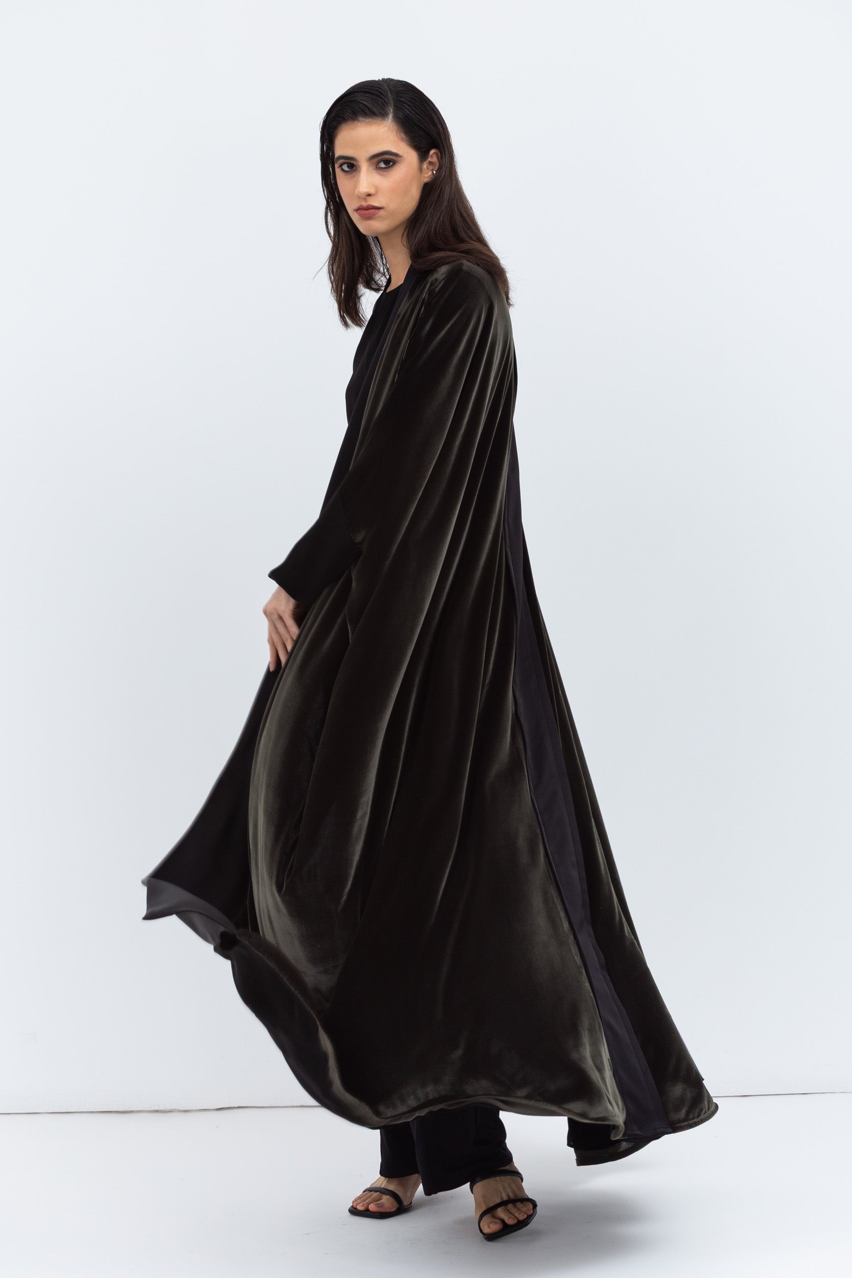 Green Velvet Abaya with Black Satin Trims