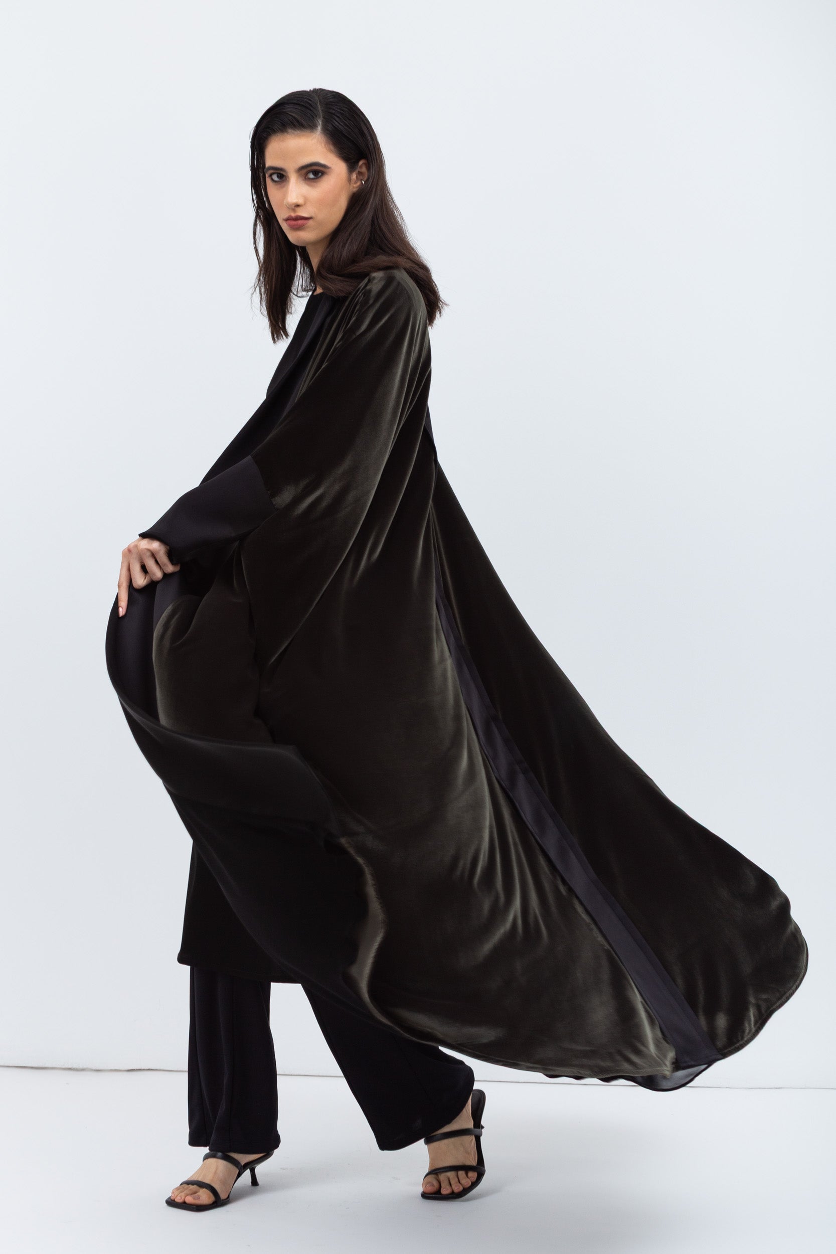 Green Velvet Abaya with Black Satin Trims