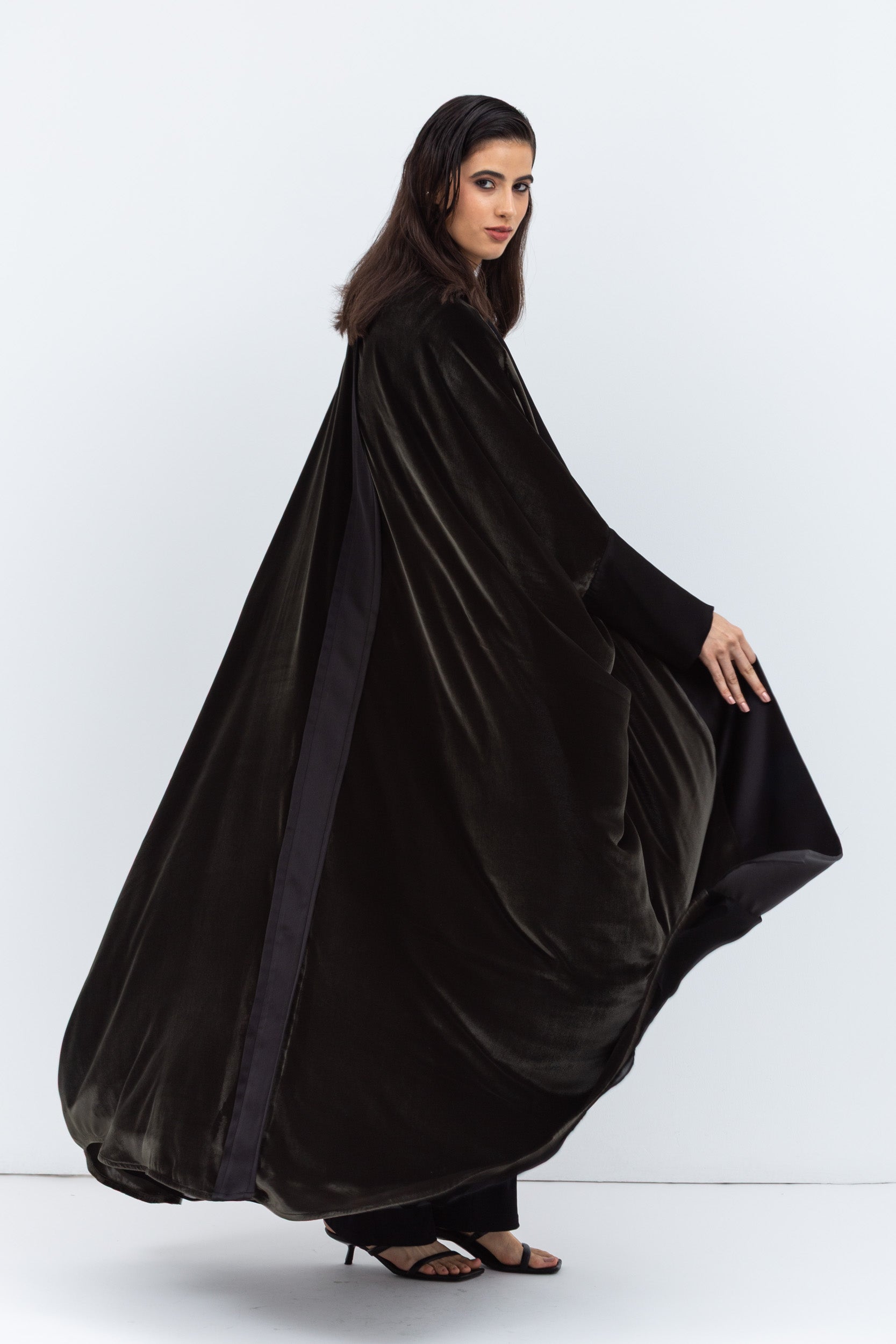 Green Velvet Abaya with Black Satin Trims