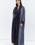 Gray Blue Velvet Abaya with Satin Trims