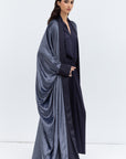 Gray Blue Velvet Abaya with Satin Trims