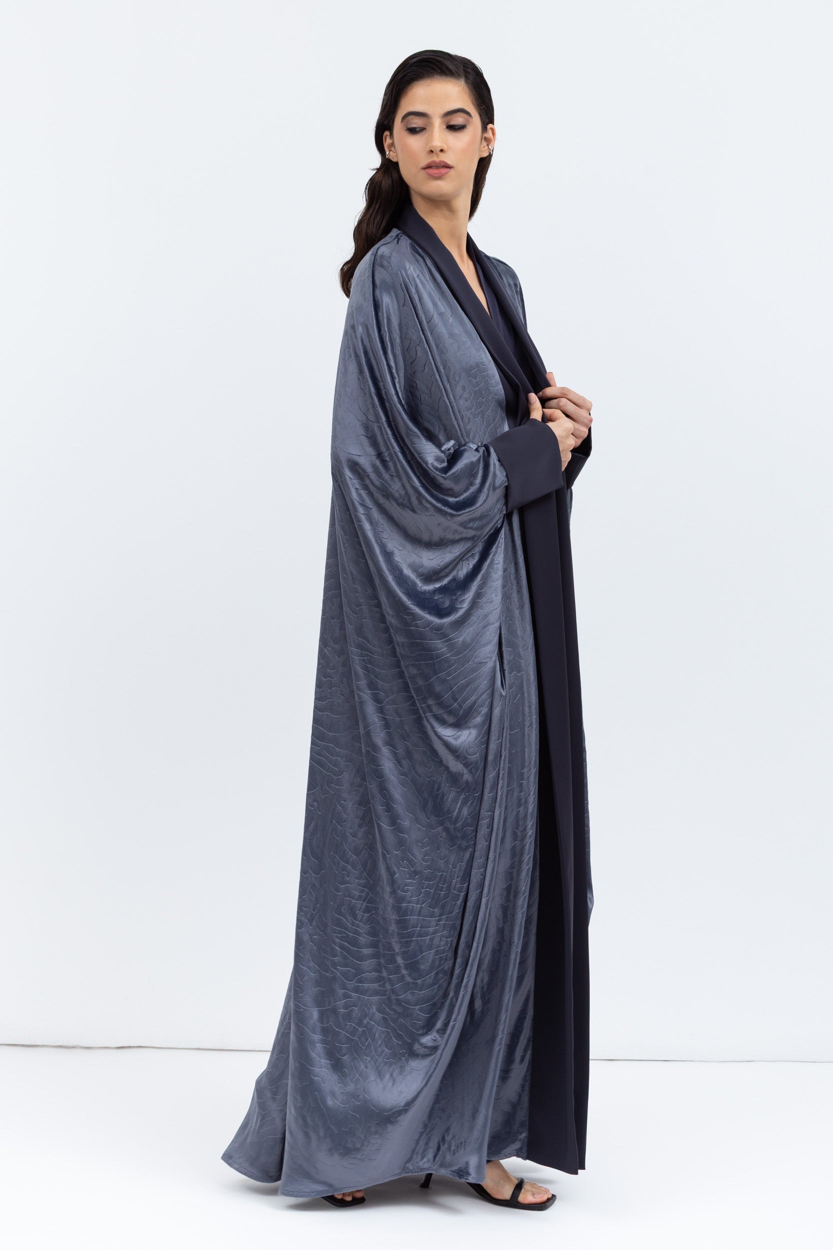 Gray Blue Velvet Abaya with Satin Trims