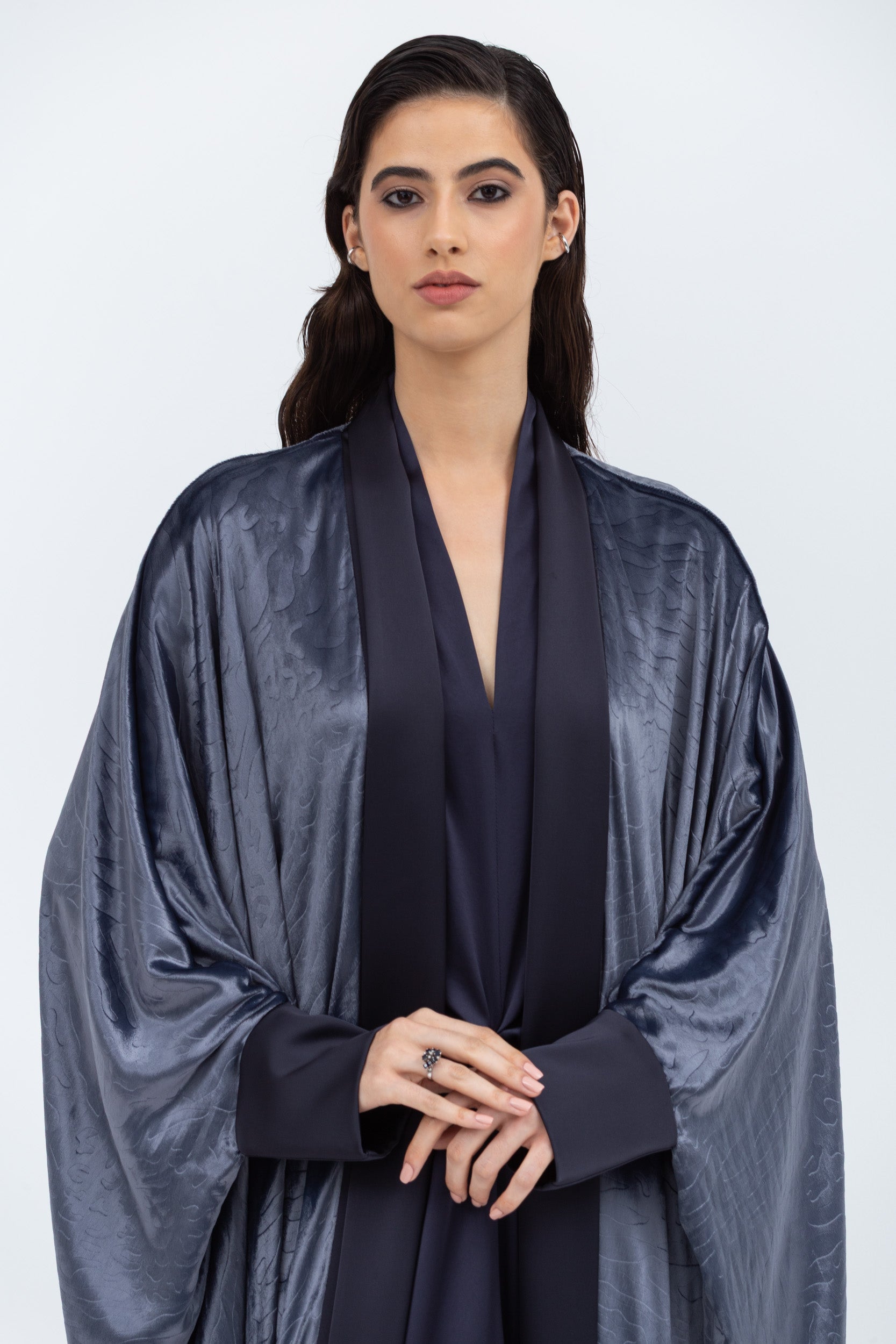 Gray Blue Velvet Abaya with Satin Trims