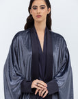 Gray Blue Velvet Abaya with Satin Trims
