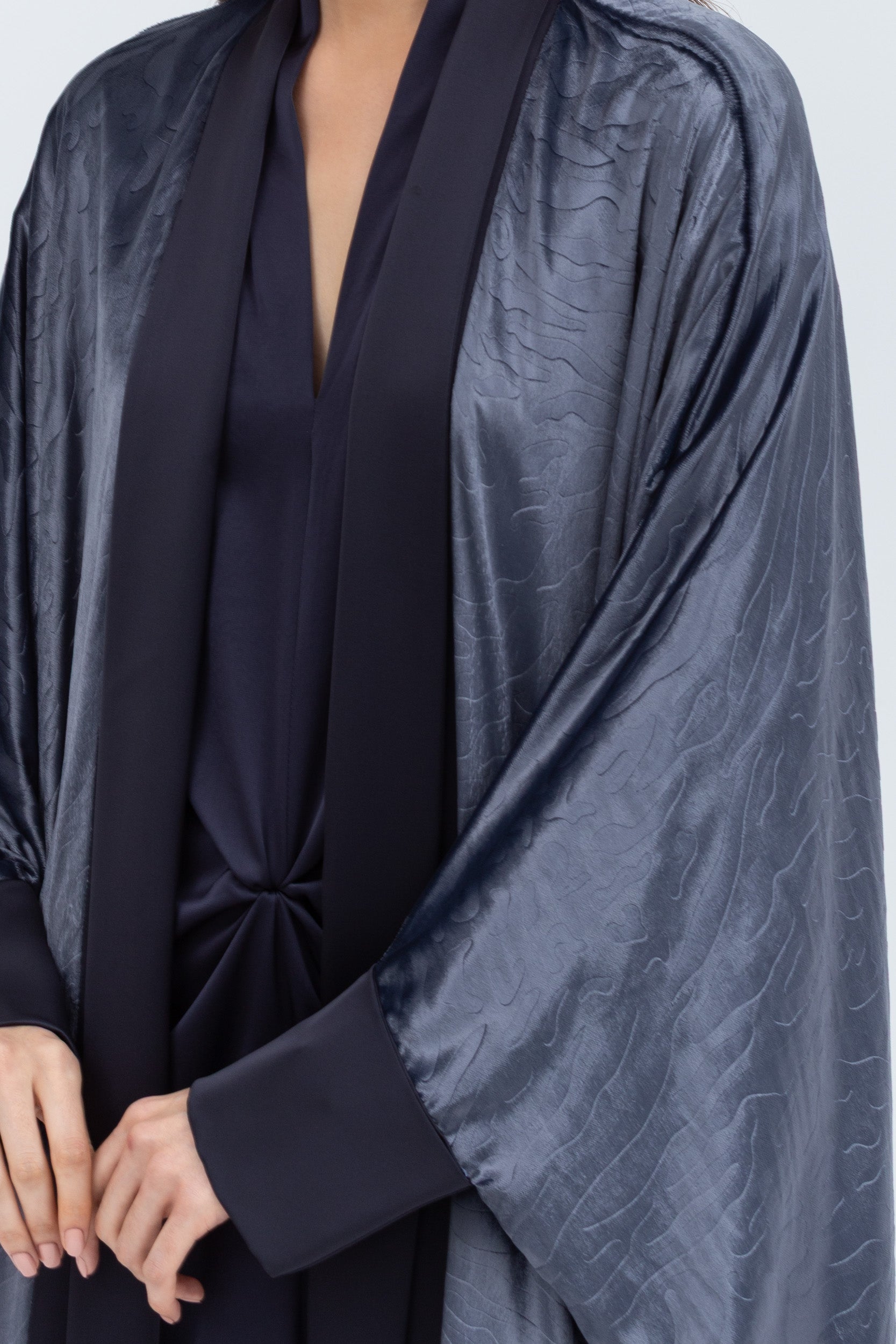 Gray Blue Velvet Abaya with Satin Trims