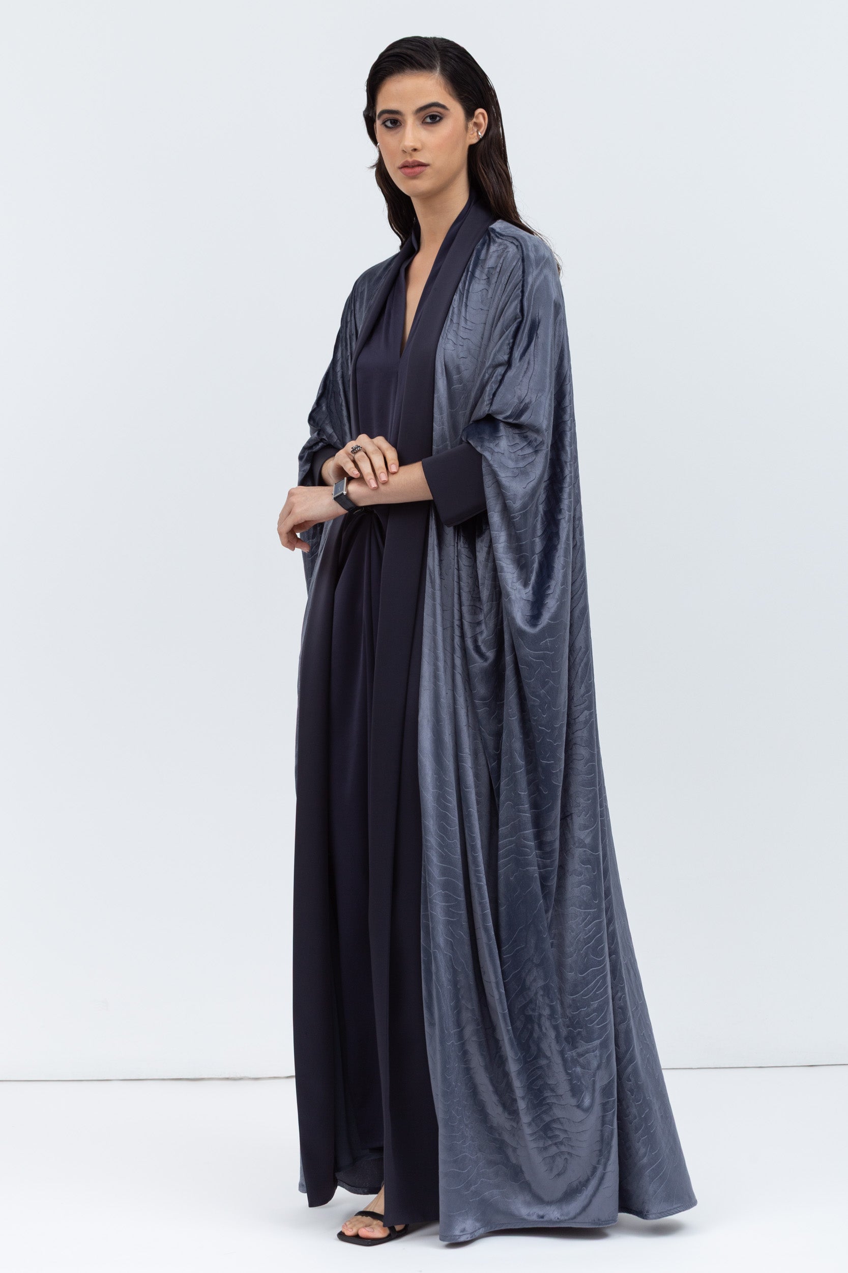 Gray Blue Velvet Abaya with Satin Trims
