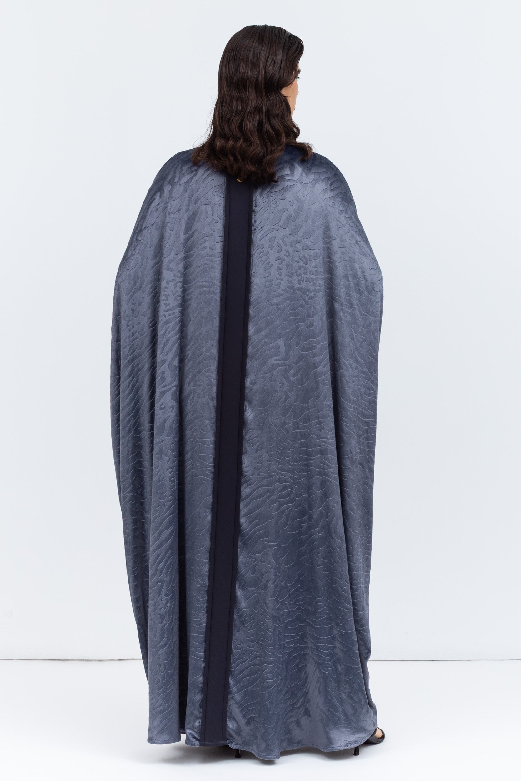 Gray Blue Velvet Abaya with Satin Trims