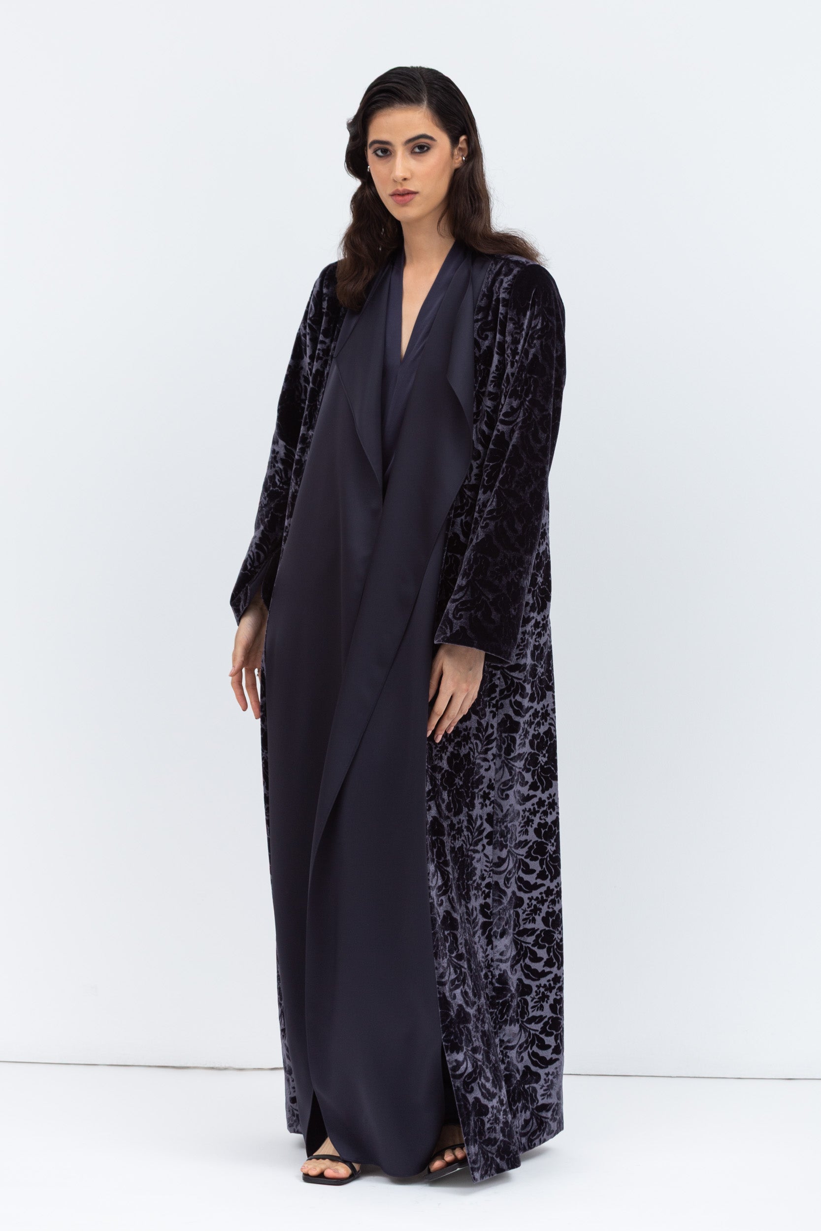 Luxe Gray Blue Abaya in Velvet Jacquard with Satin Collar