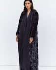 Luxe Gray Blue Abaya in Velvet Jacquard with Satin Collar