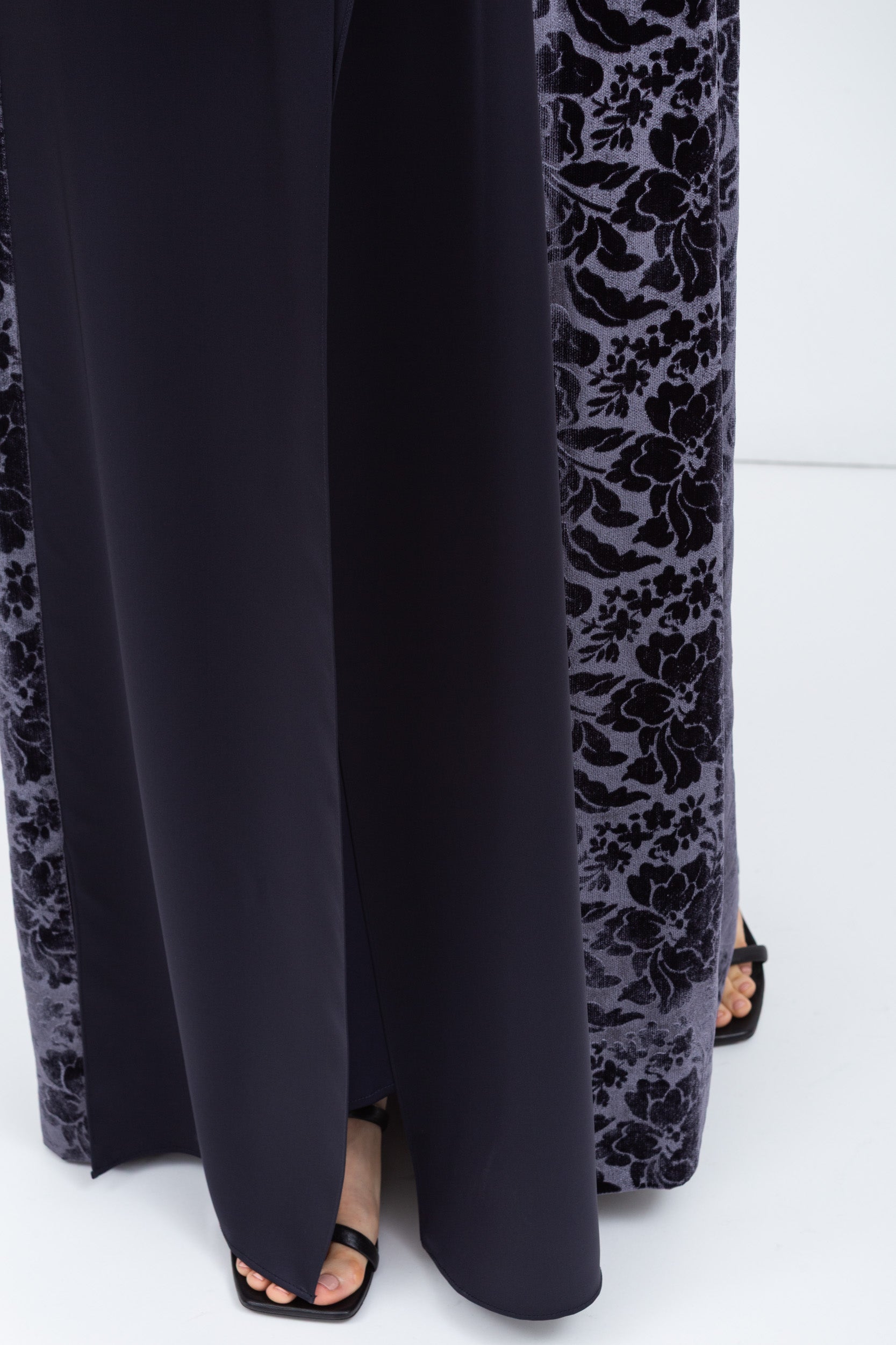 Luxe Gray Blue Abaya in Velvet Jacquard with Satin Collar