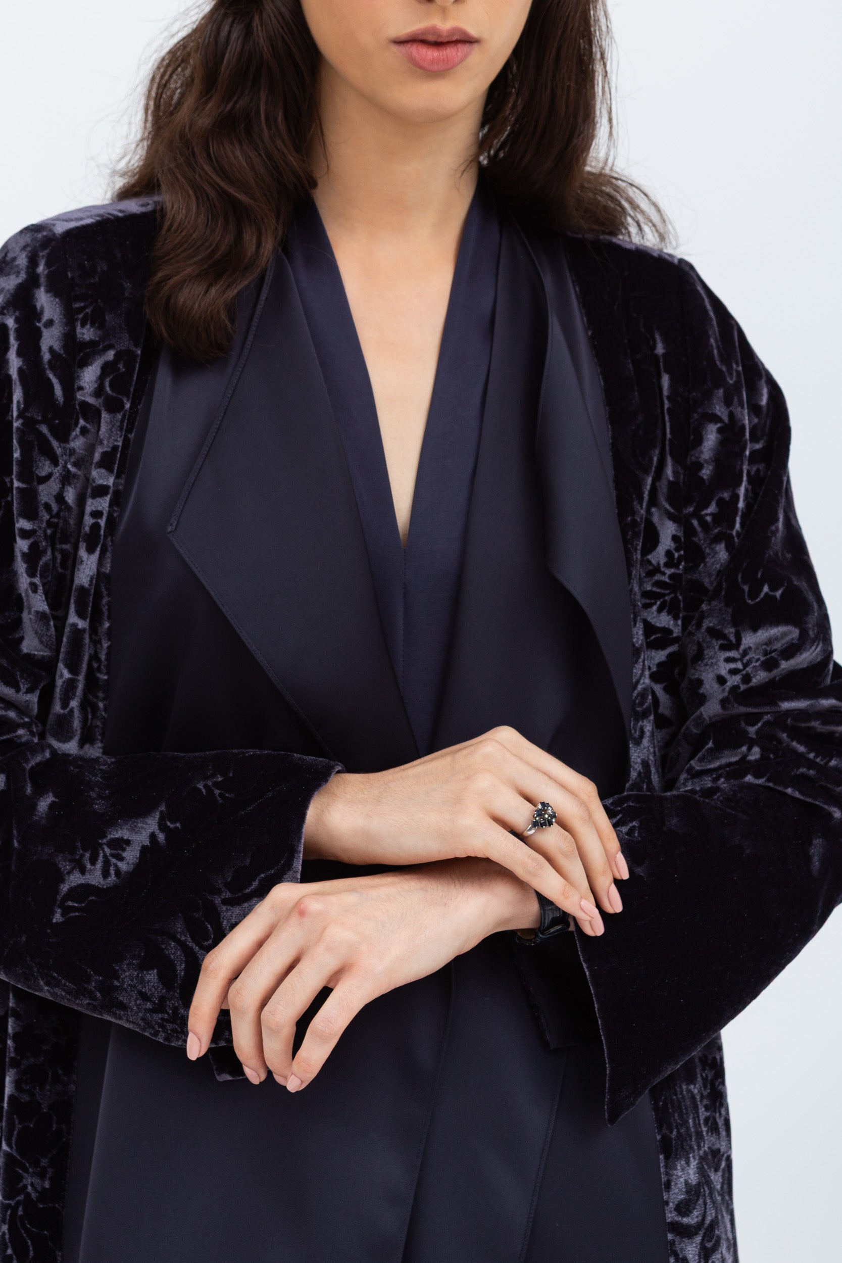 Luxe Gray Blue Abaya in Velvet Jacquard with Satin Collar