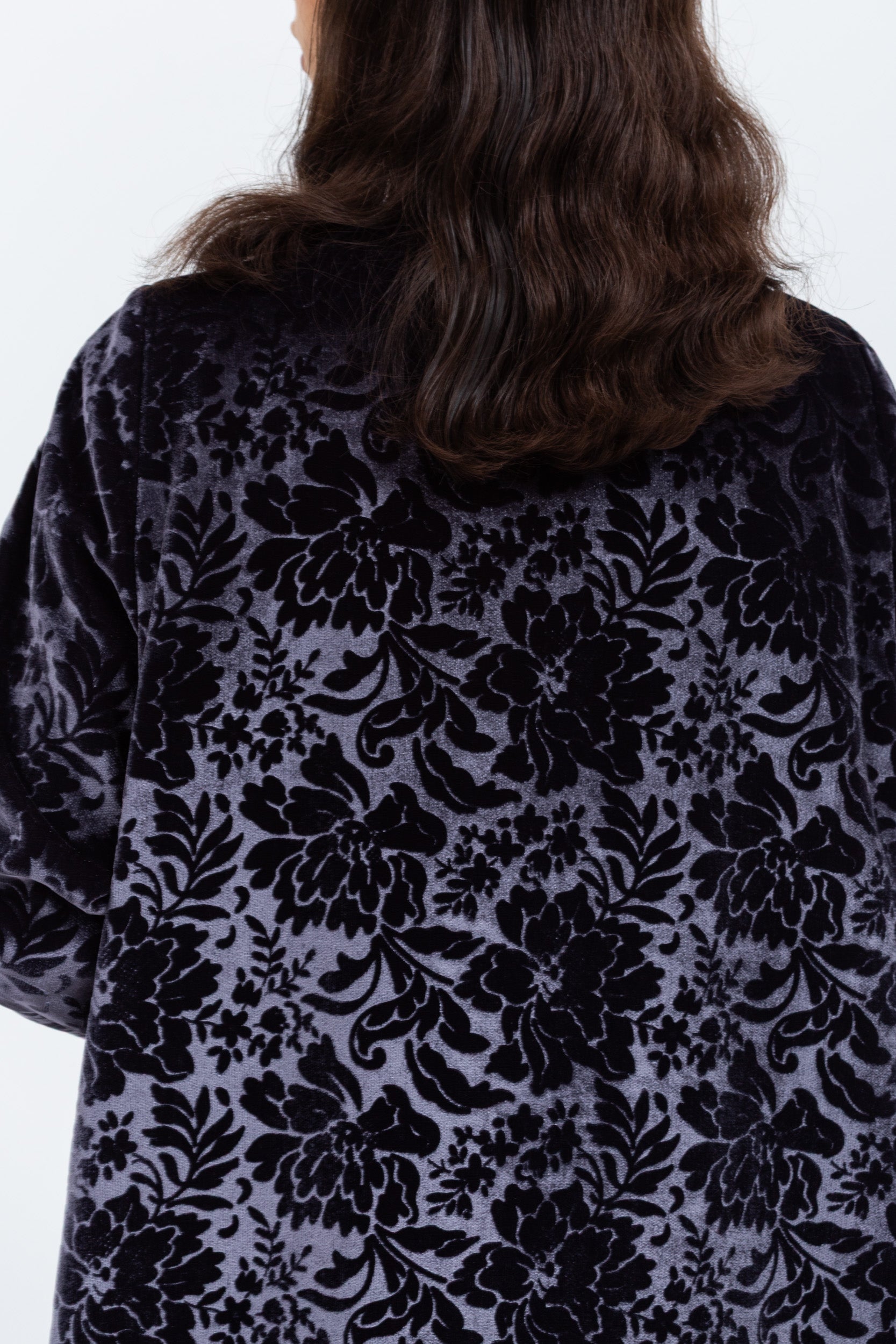 Luxe Gray Blue Abaya in Velvet Jacquard with Satin Collar