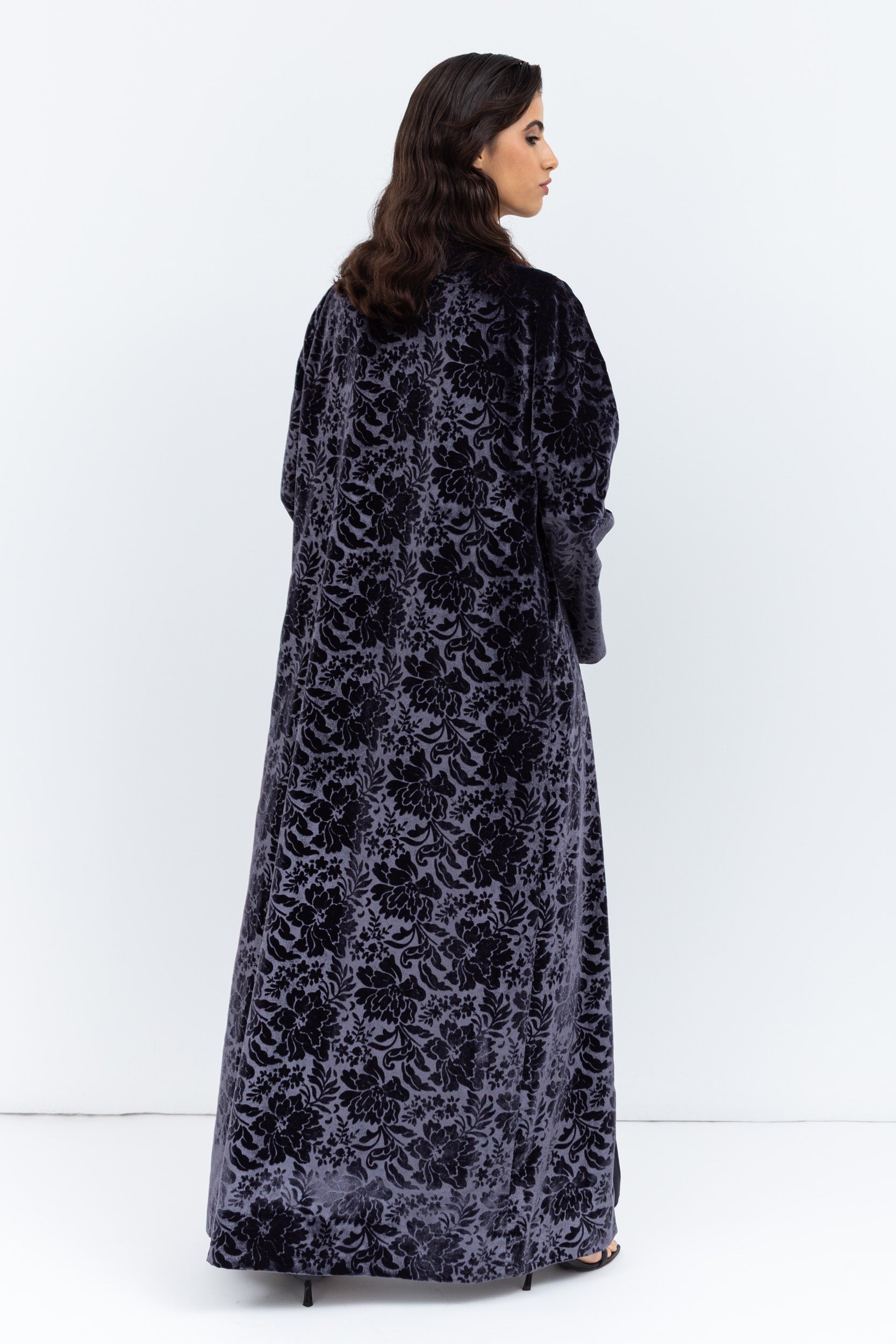 Luxe Gray Blue Abaya in Velvet Jacquard with Satin Collar