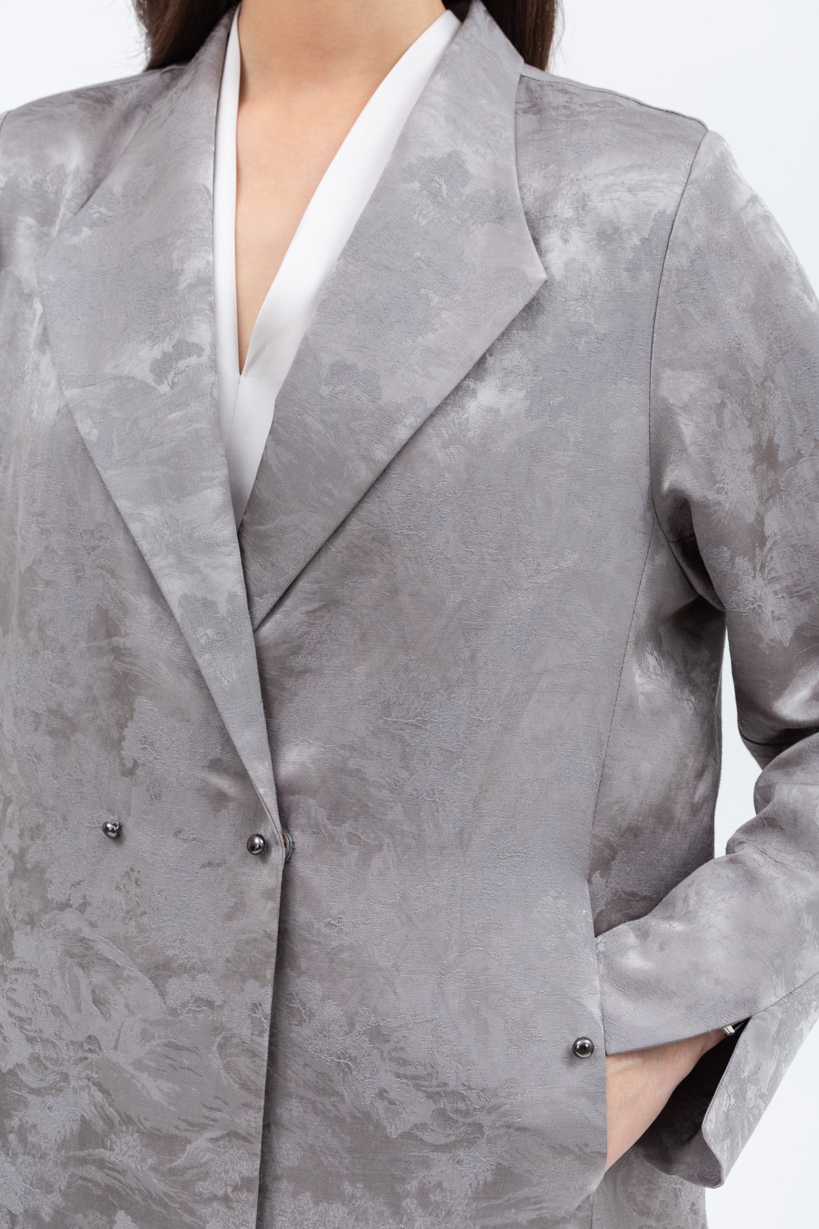 Gray Silver Jacquard Jacket Abaya