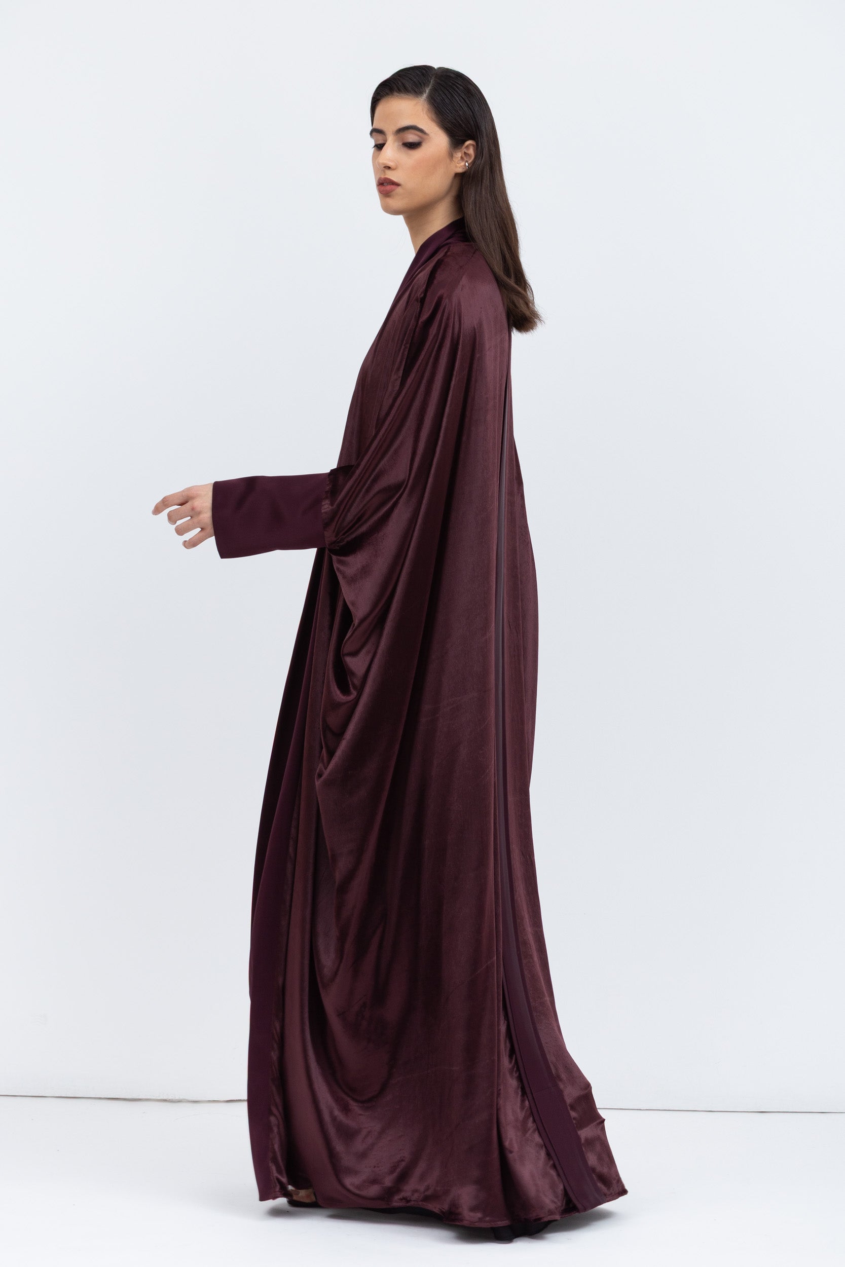 Burgundy Brown Velvet Abaya with Satin Trims – CHI-KA