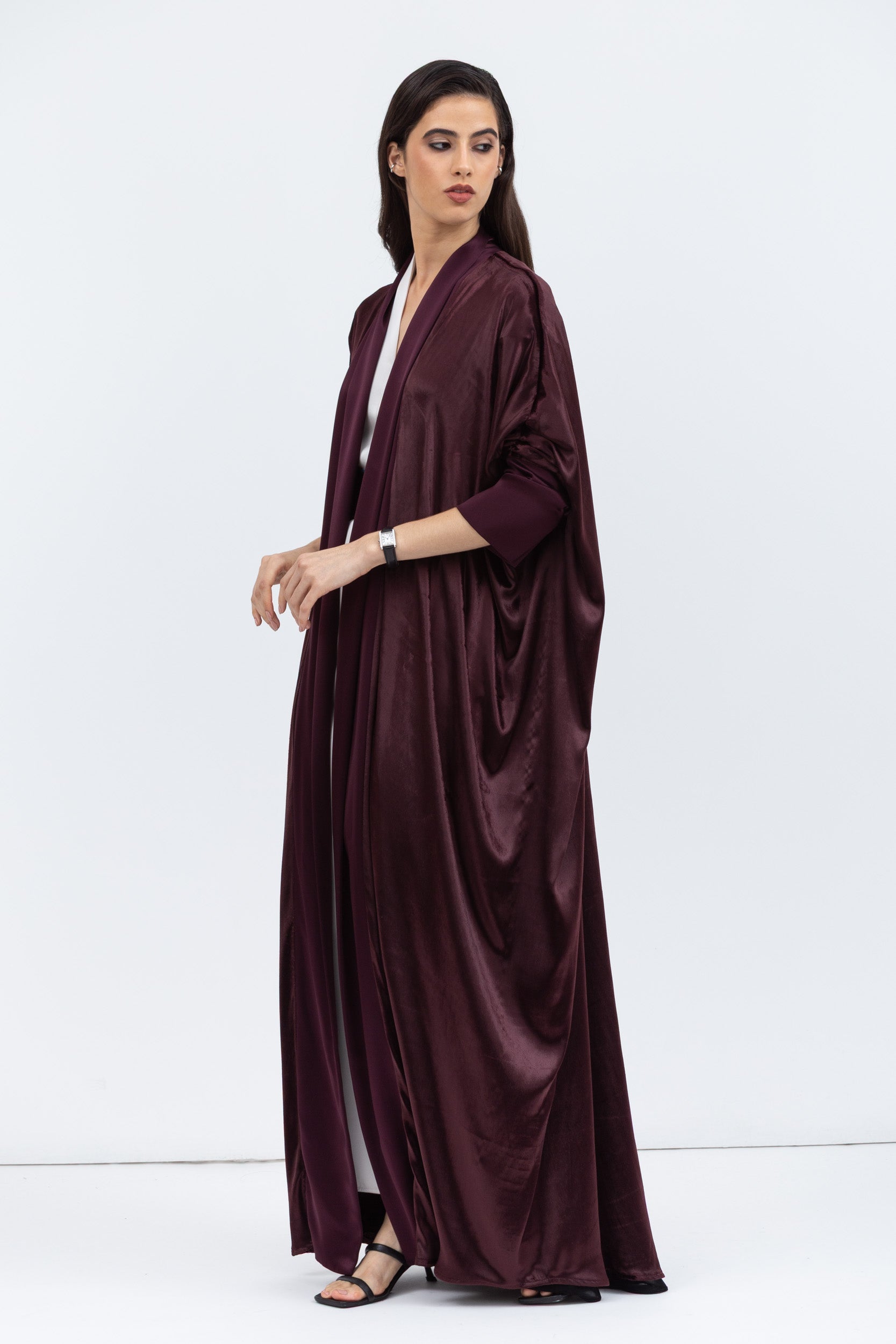 Burgundy Brown Velvet Abaya with Satin Trims