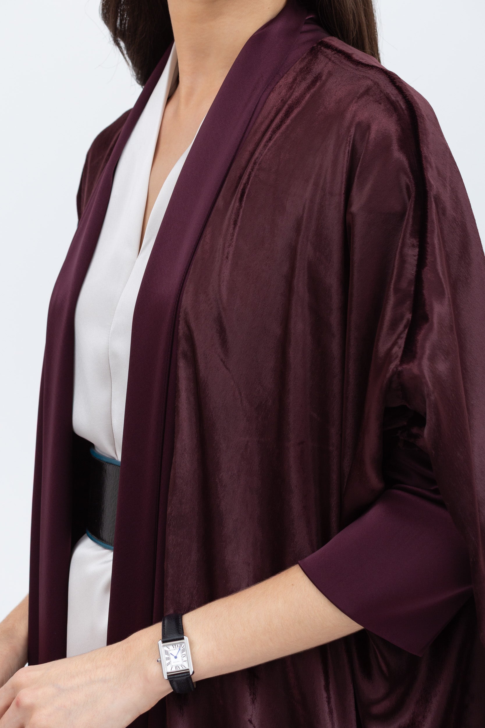 Burgundy Brown Velvet Abaya with Satin Trims