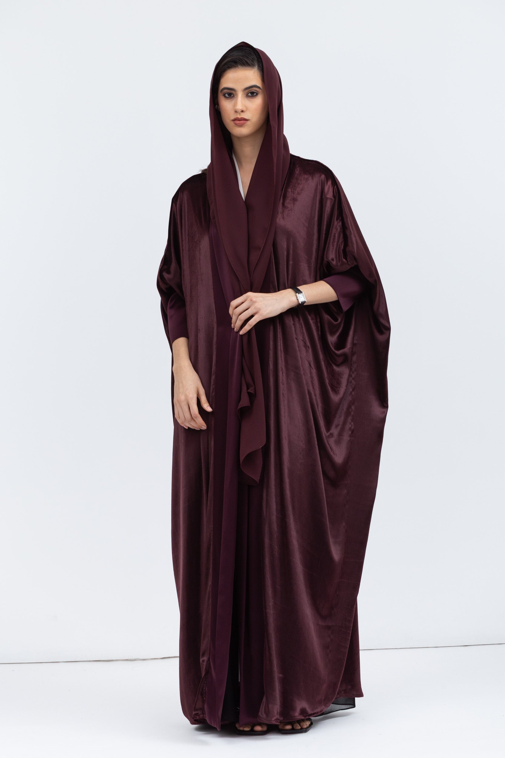 Burgundy Brown Velvet Abaya with Satin Trims