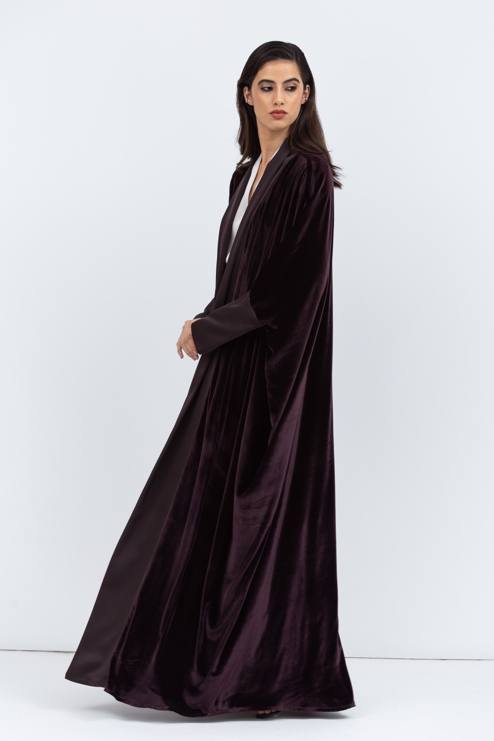 Deep Brown Velvet Abaya with Satin Trims