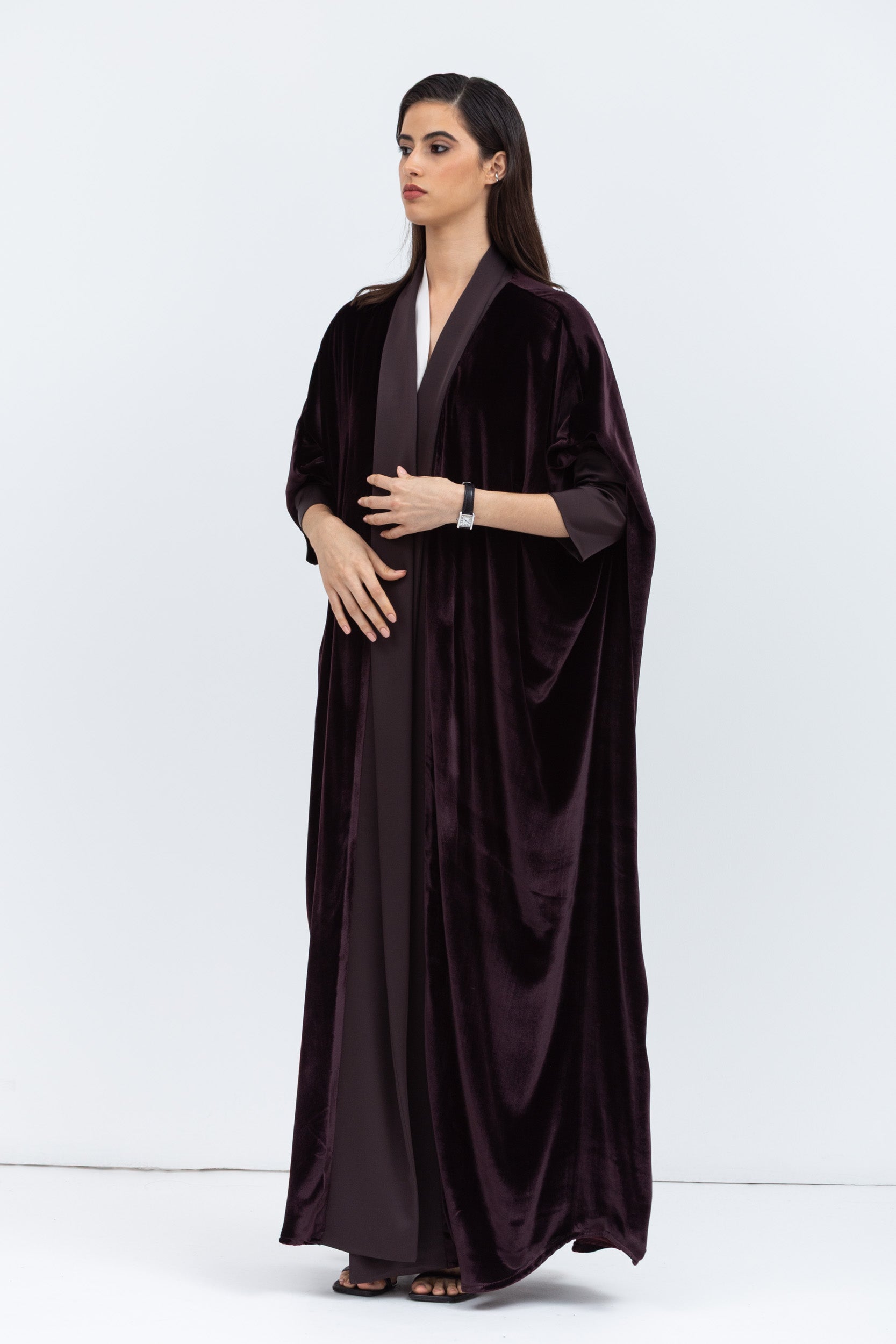 Deep Brown Velvet Abaya with Satin Trims