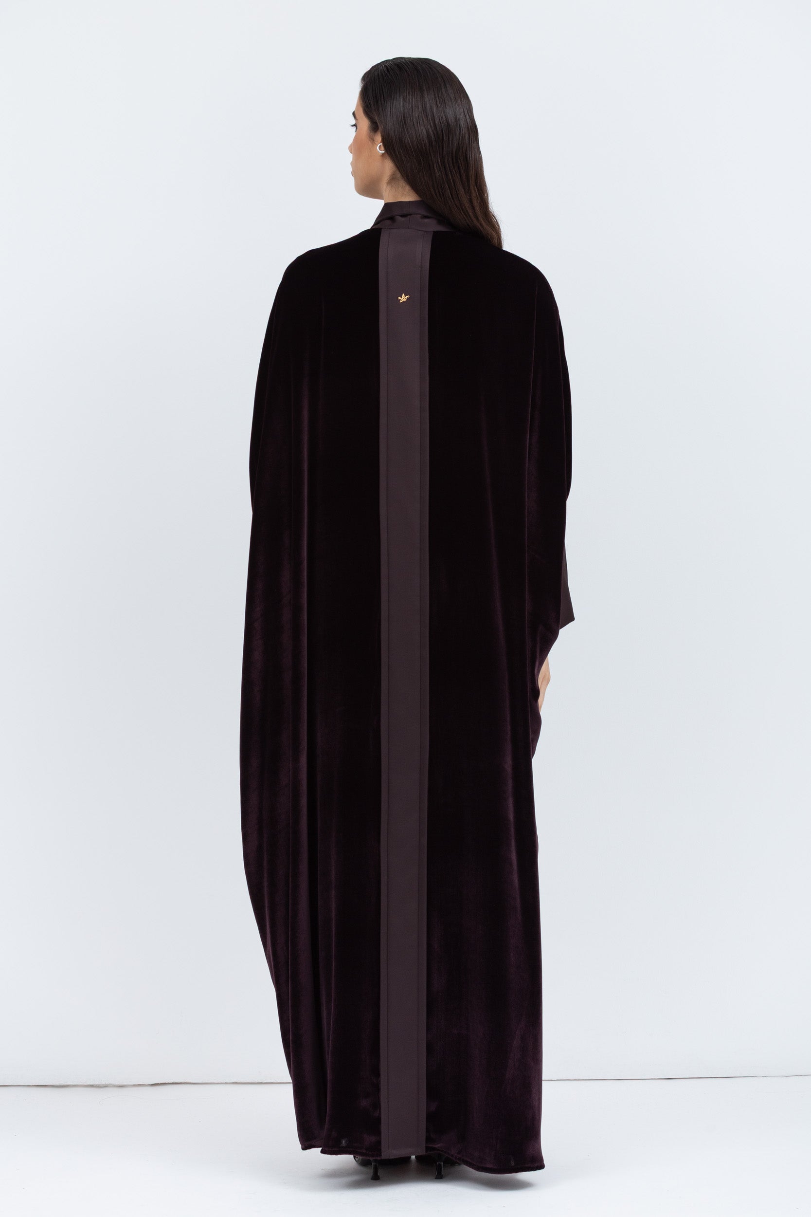 Deep Brown Velvet Abaya with Satin Trims