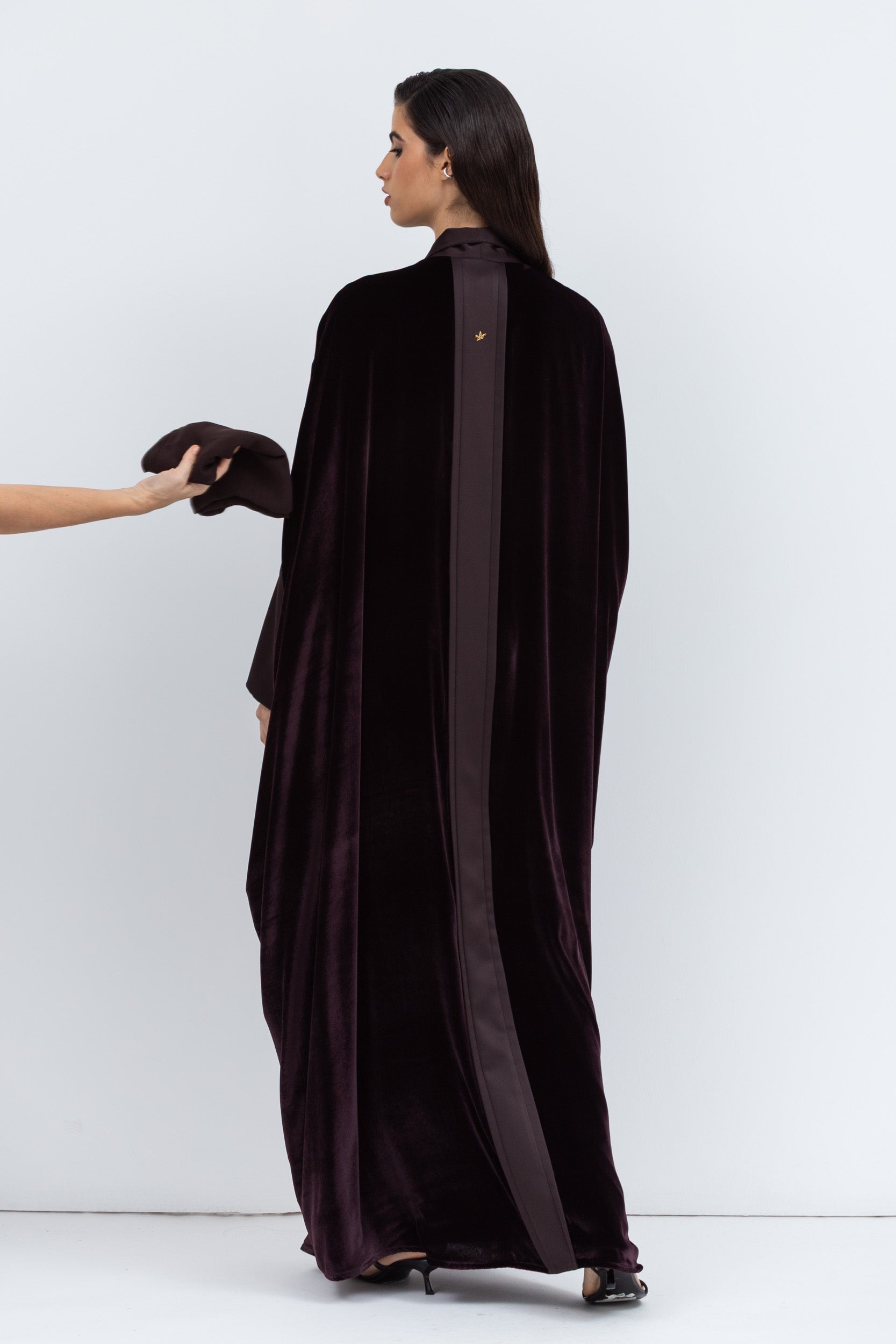Deep Brown Velvet Abaya with Satin Trims