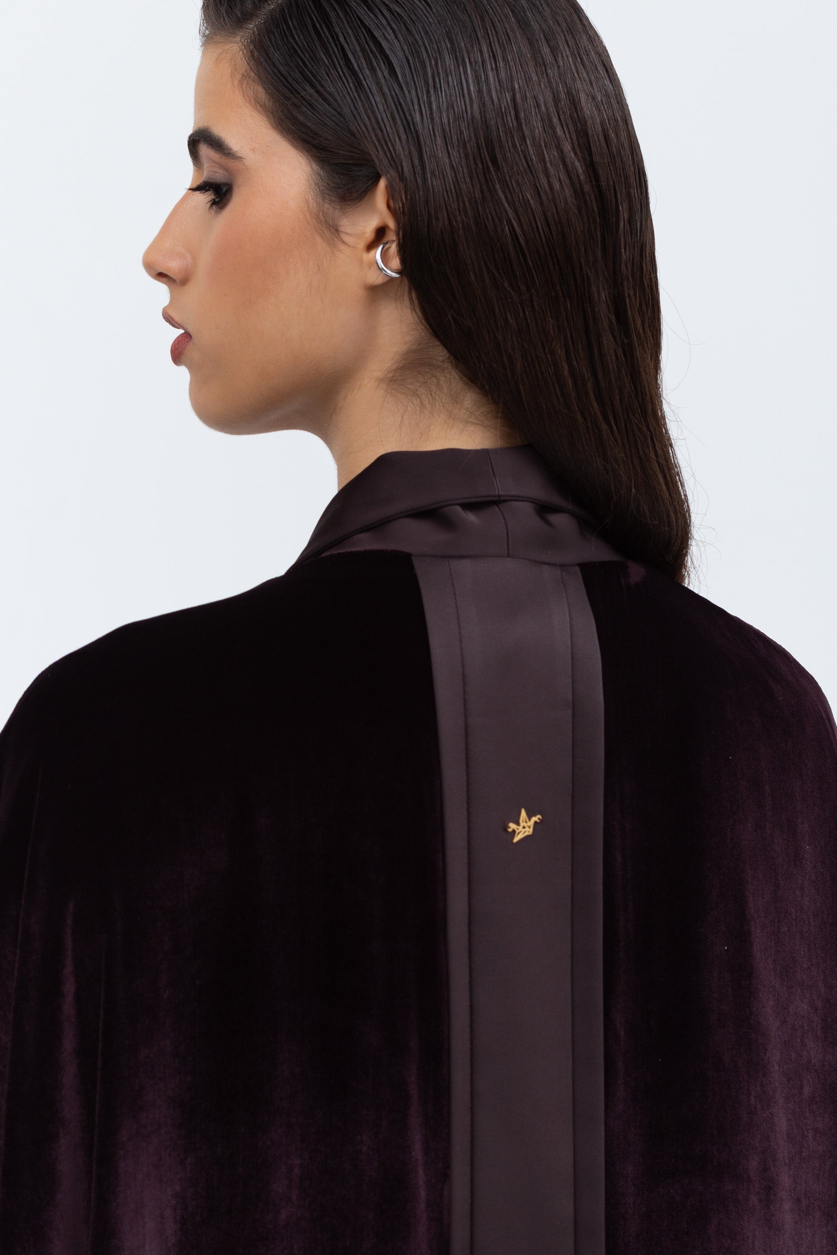 Deep Brown Velvet Abaya with Satin Trims