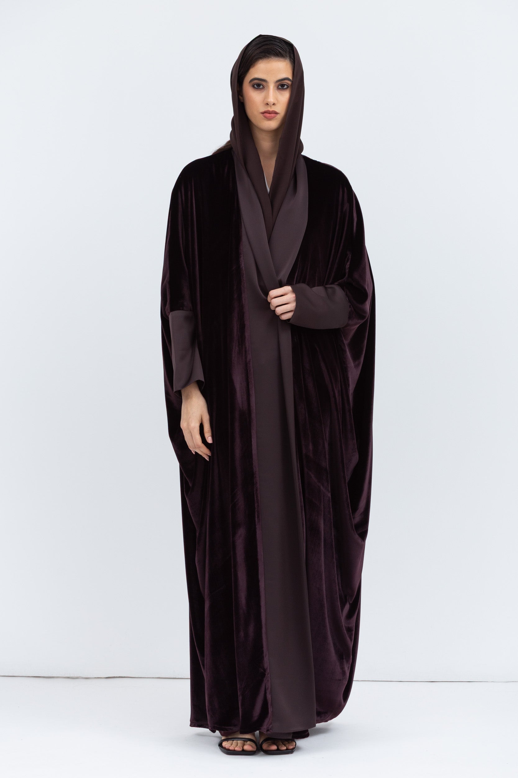 Deep Brown Velvet Abaya with Satin Trims