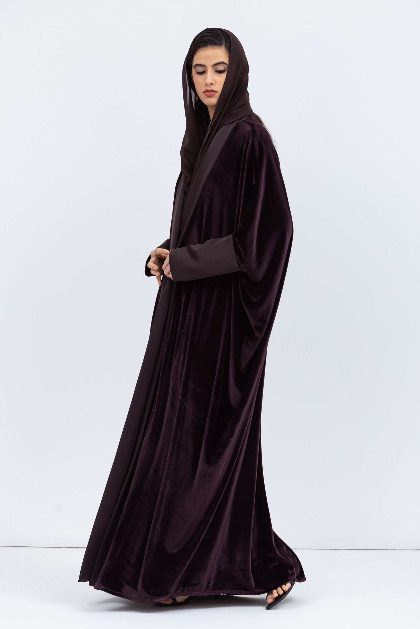 Deep Brown Velvet Abaya with Satin Trims