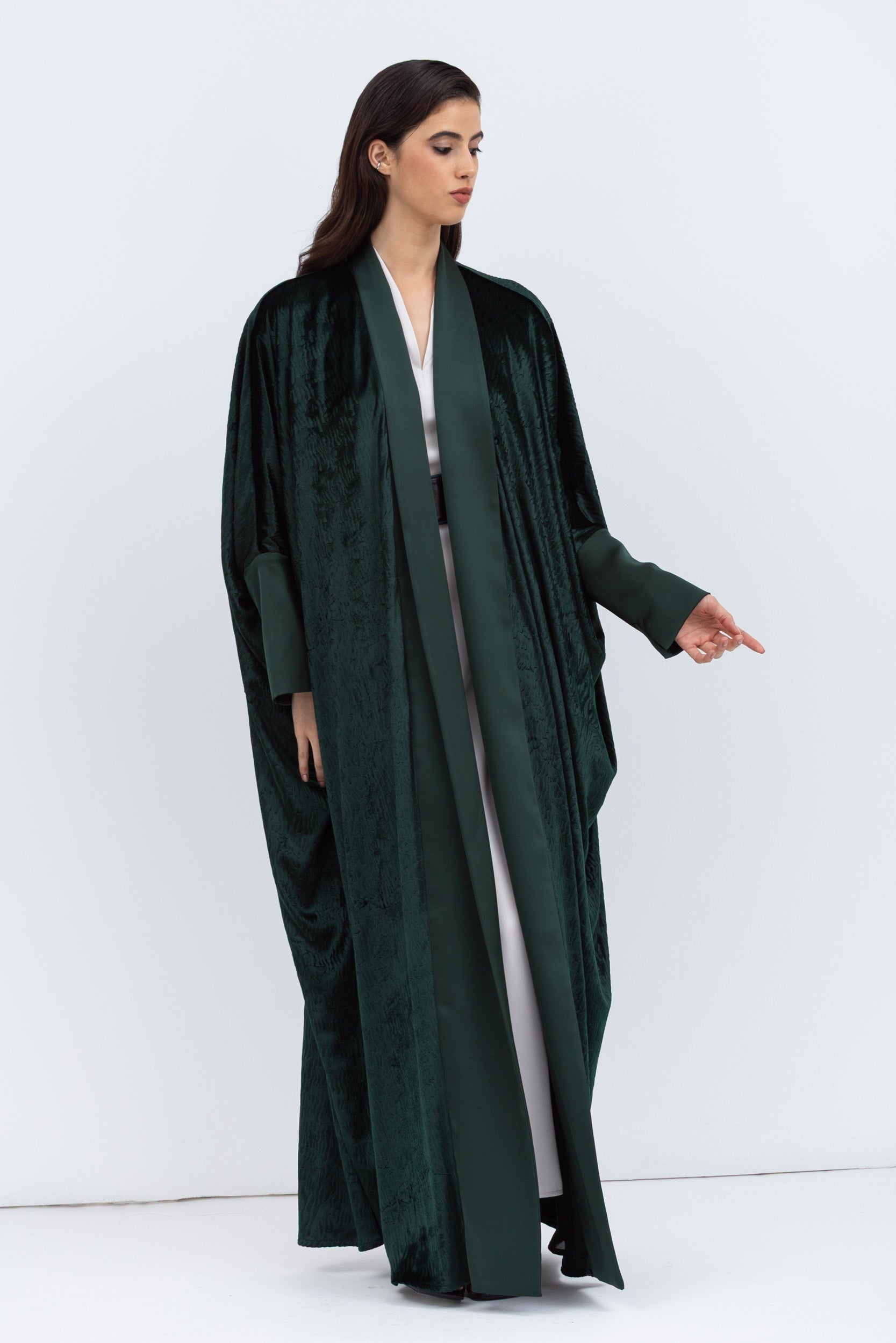 Rich Emerald Green Velvet Abaya with Satin Trims