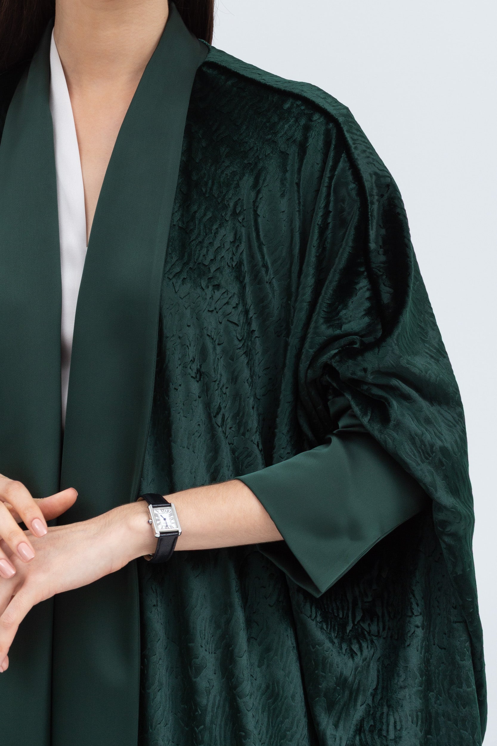 Rich Emerald Green Velvet Abaya with Satin Trims