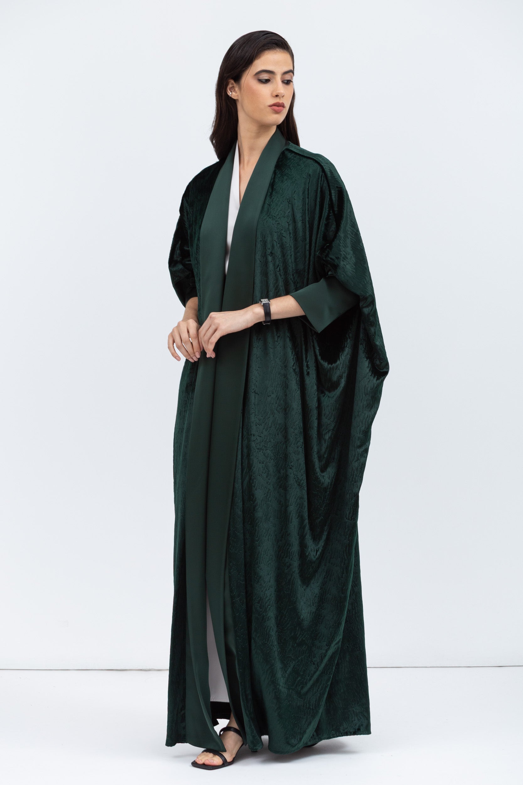 Rich Emerald Green Velvet Abaya with Satin Trims