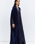 Rich Navy Velvet Abaya with Satin Trims
