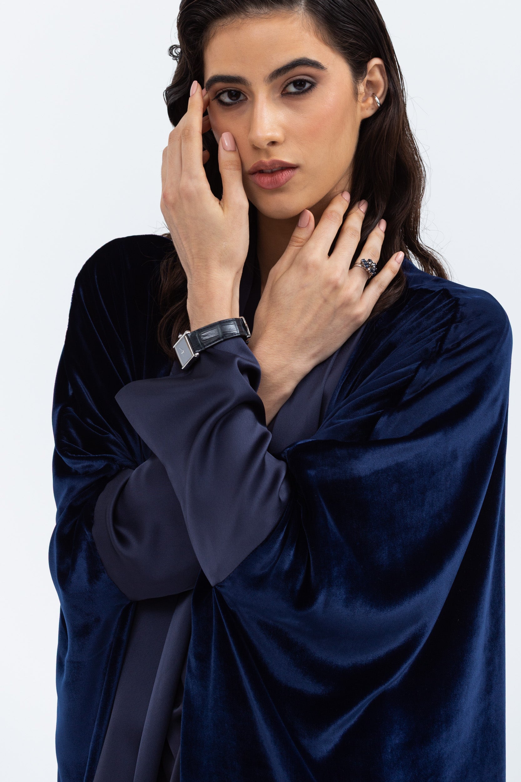 Rich Navy Velvet Abaya with Satin Trims