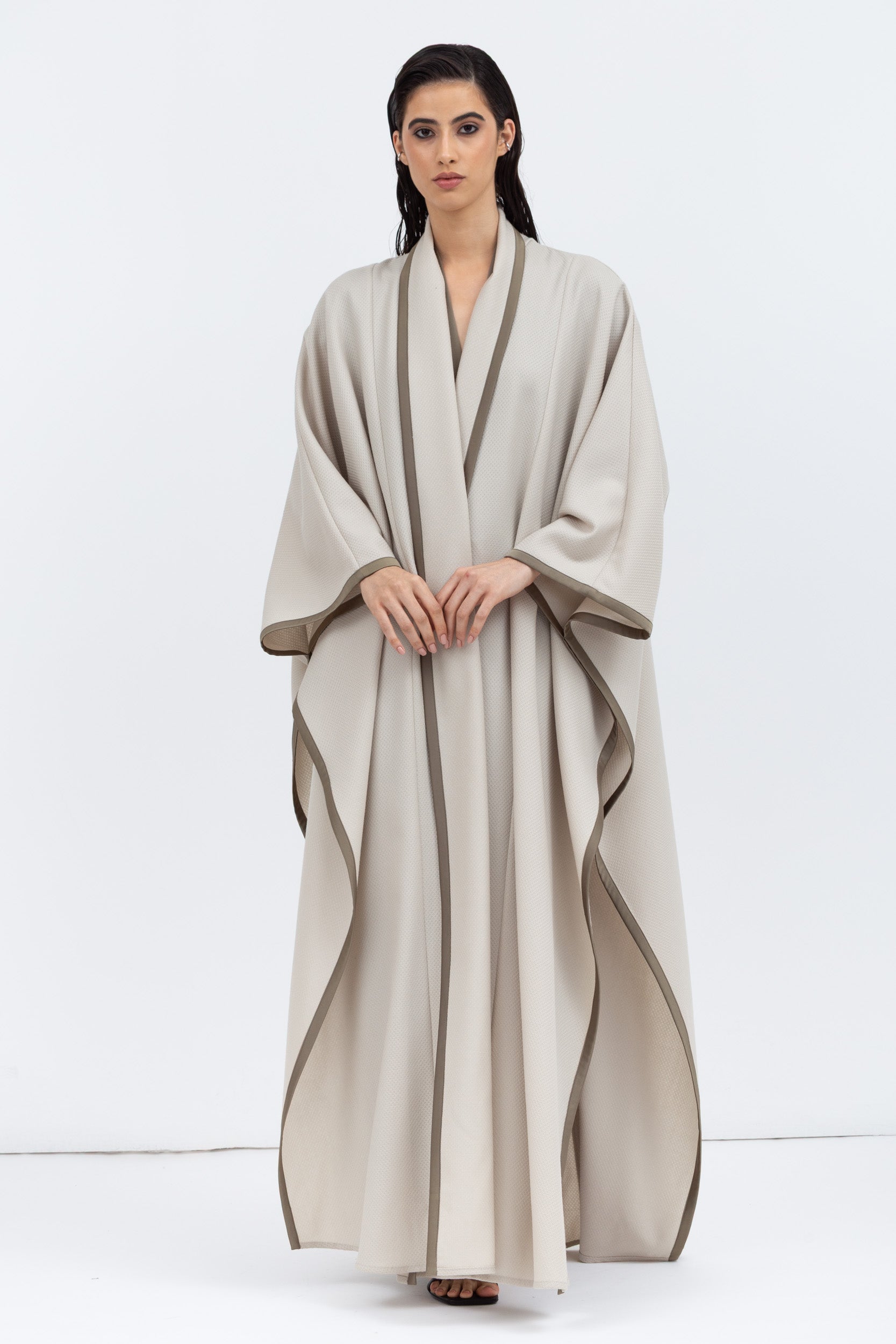 Flow Abaya in Stone with Satin Trims