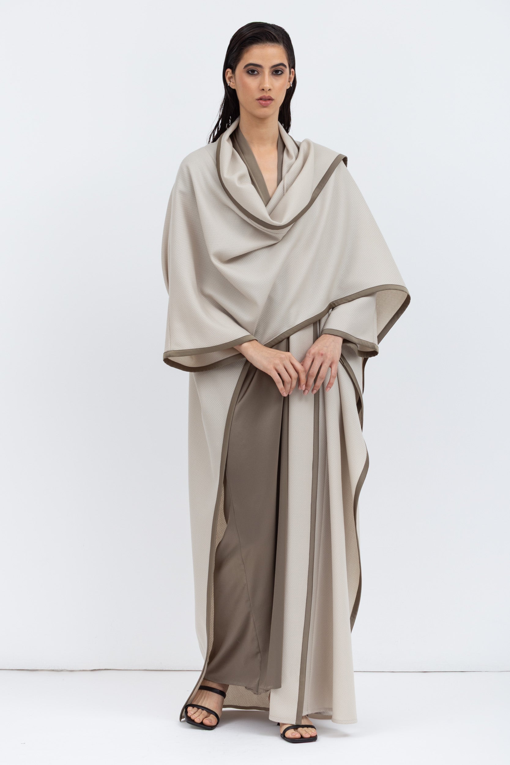 Flow Abaya in Stone with Satin Trims