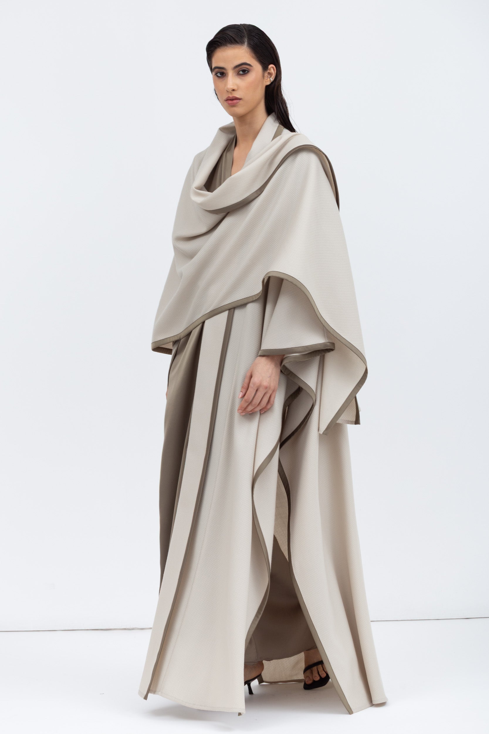 Flow Abaya in Stone with Satin Trims
