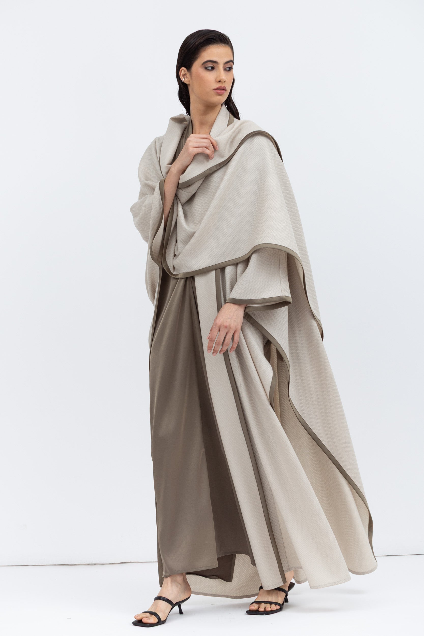 Flow Abaya in Stone with Satin Trims