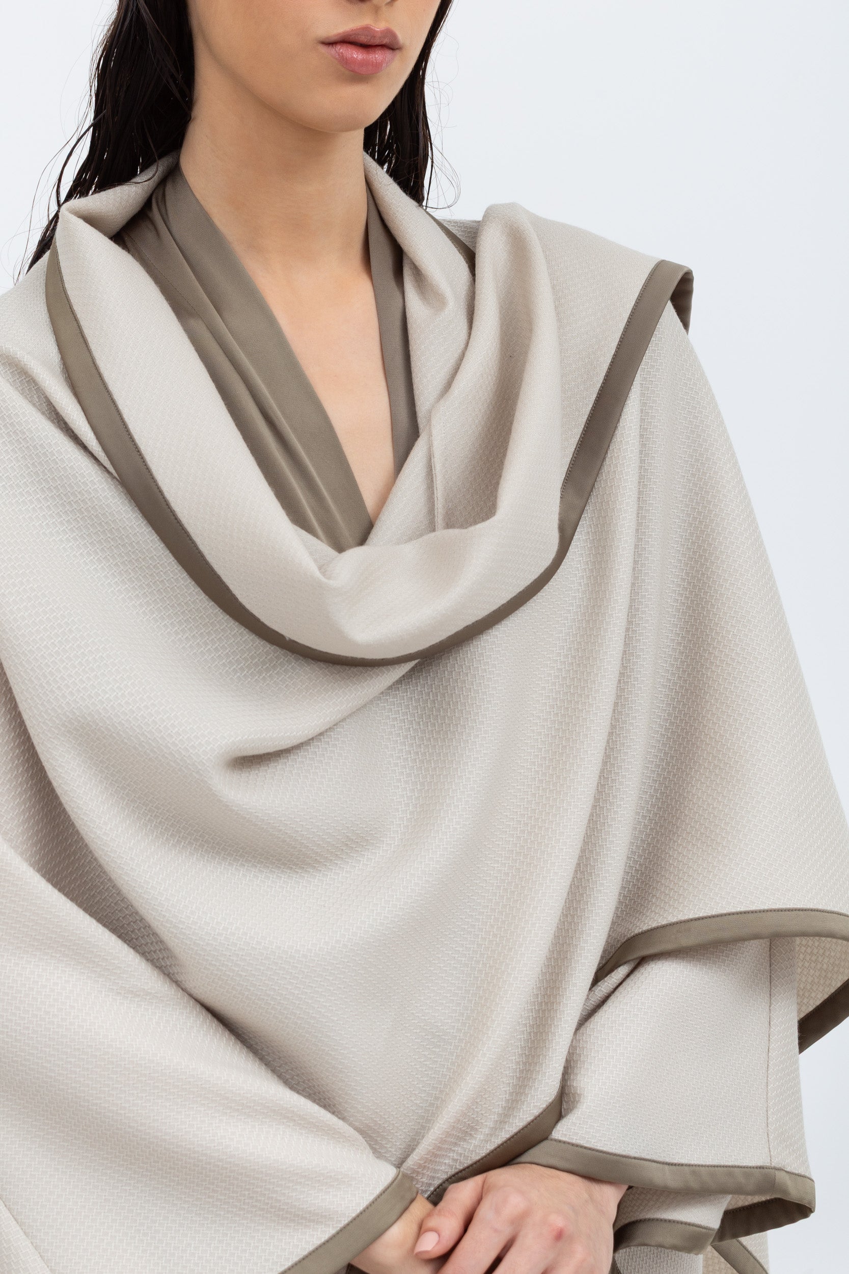 Flow Abaya in Stone with Satin Trims