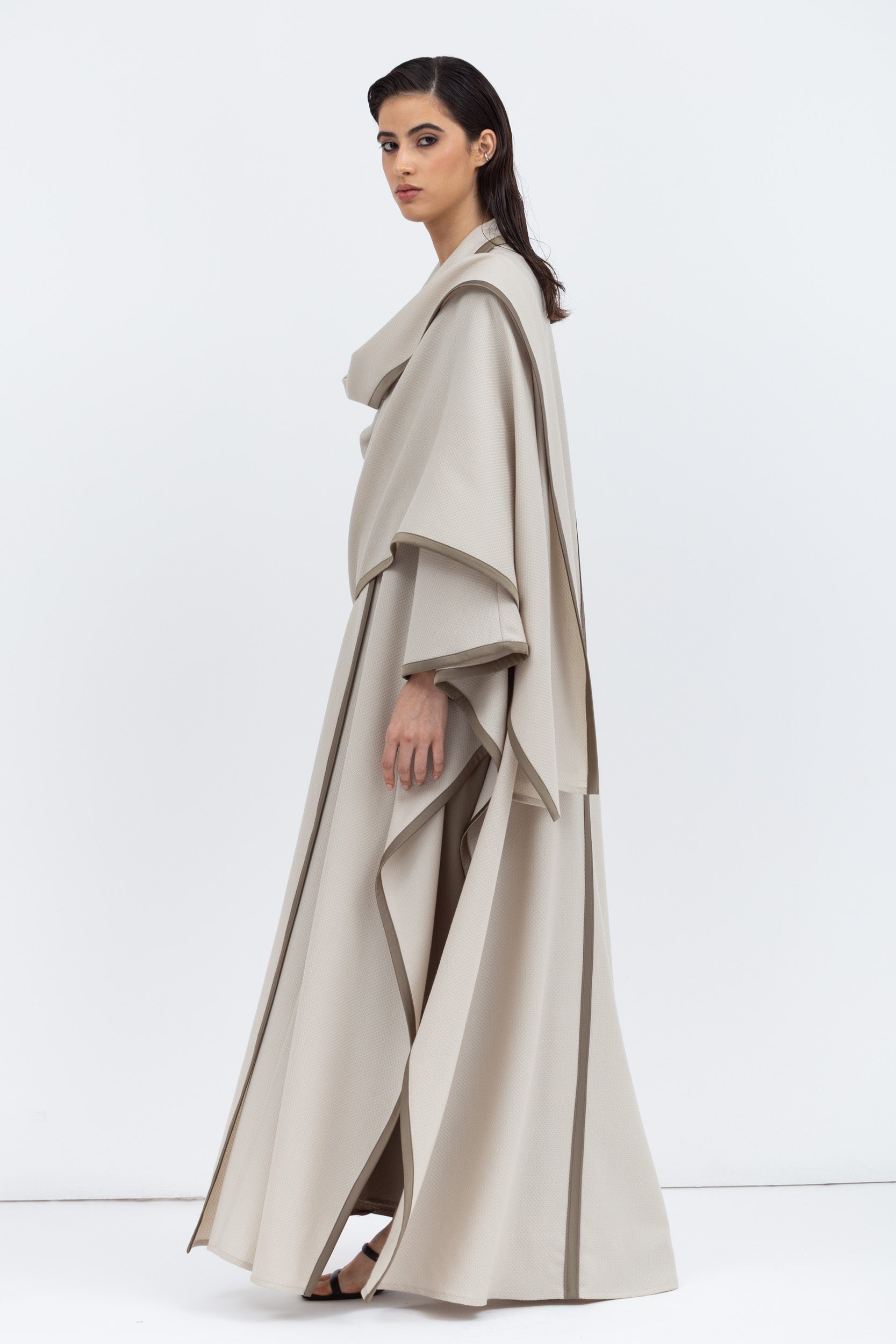 Flow Abaya in Stone with Satin Trims