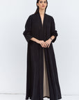 Loose Cut Black on Black Pattern Abaya with Satin Trims
