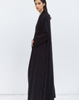 Loose Cut Black on Black Pattern Abaya with Satin Trims