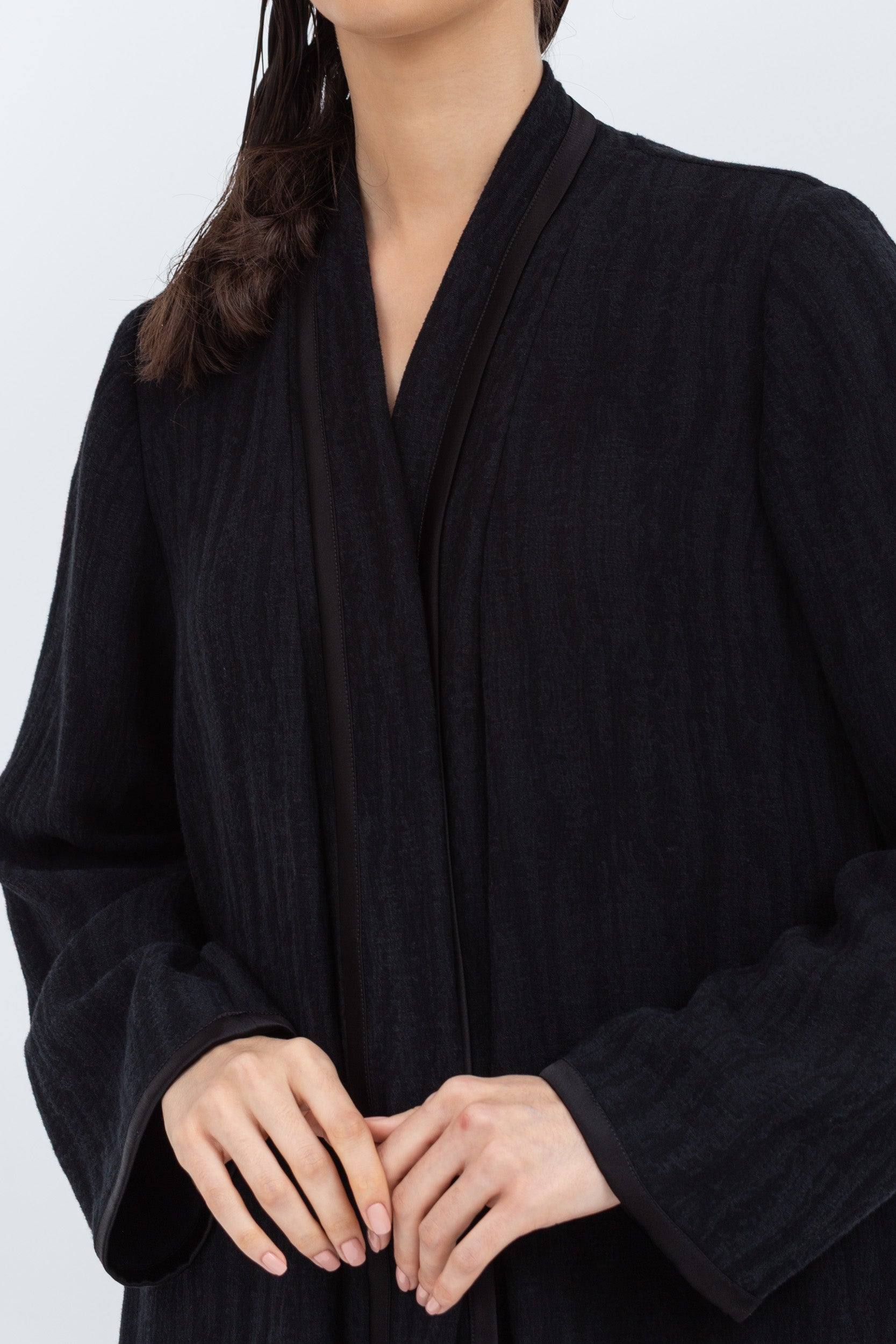 Loose Cut Black on Black Pattern Abaya with Satin Trims