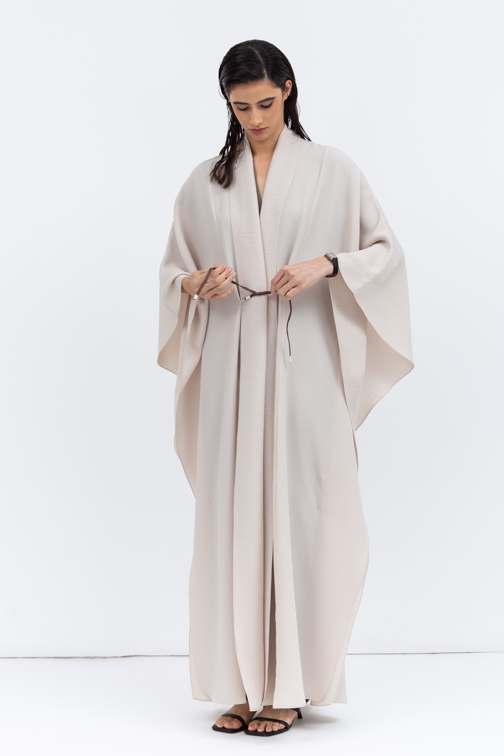 Flow Abaya in Ivory with Tie-String