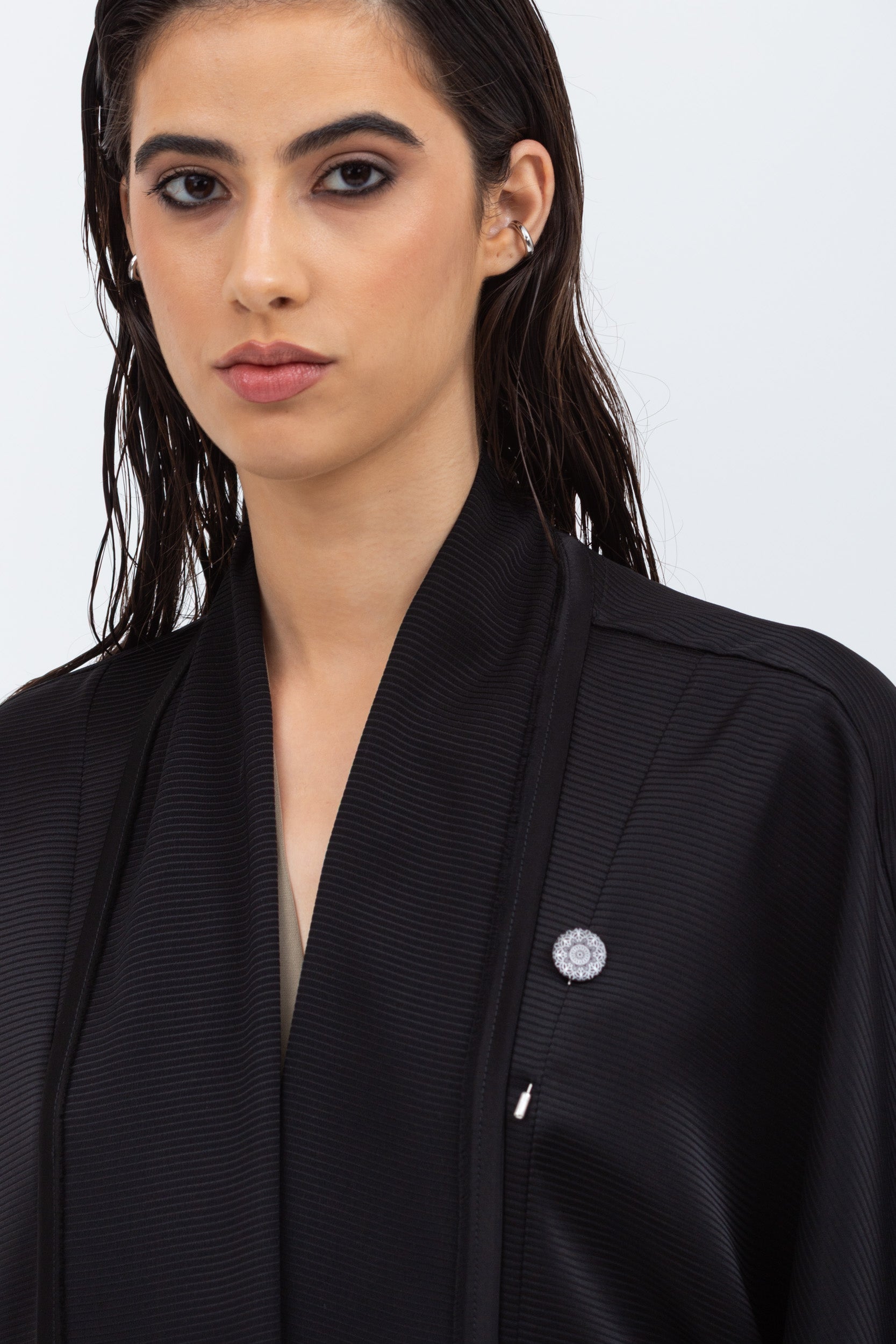 Flow Abaya in Black Stripe Satin