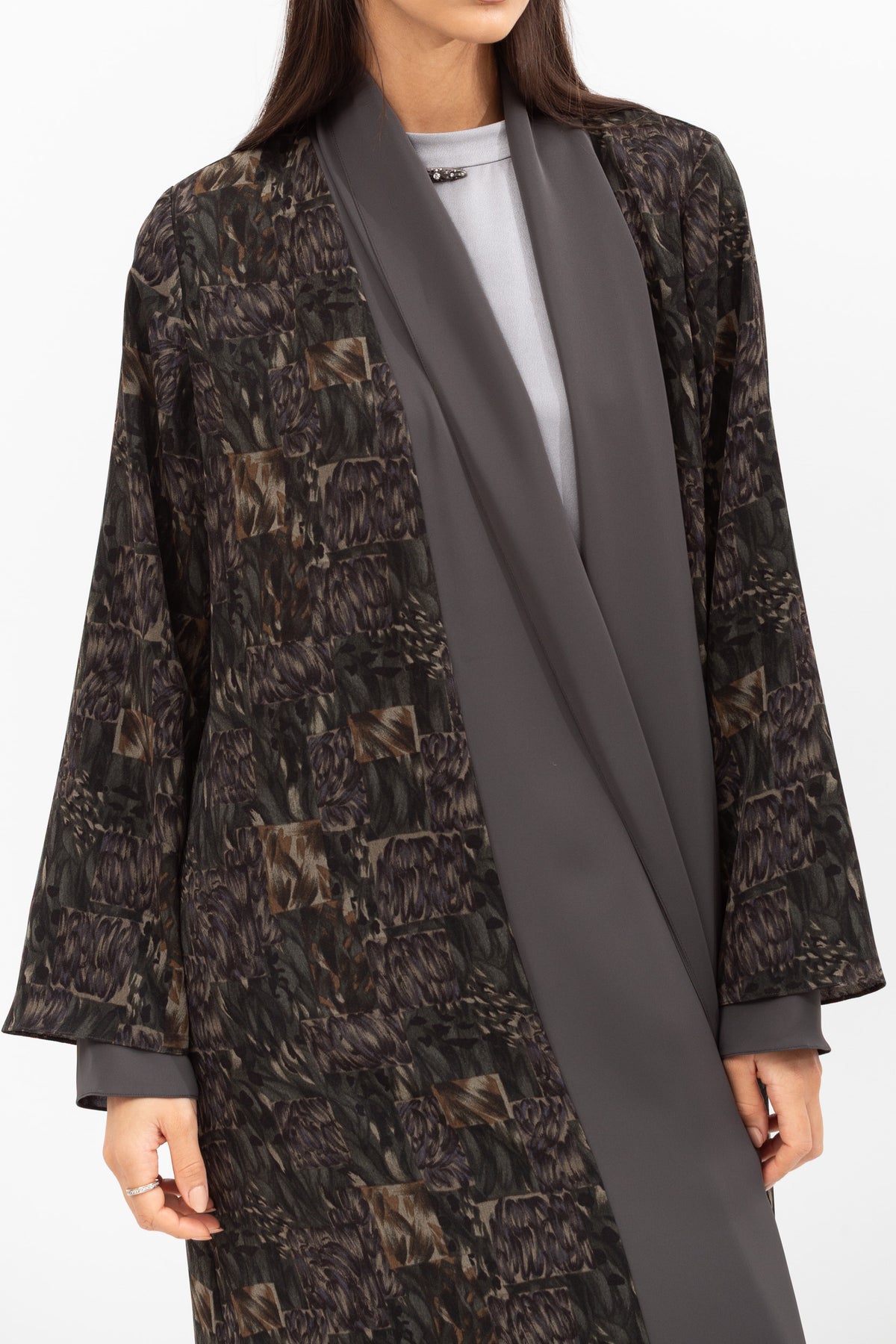Fluid Shawl Lapel Abaya in Printed Dark Green RTW
